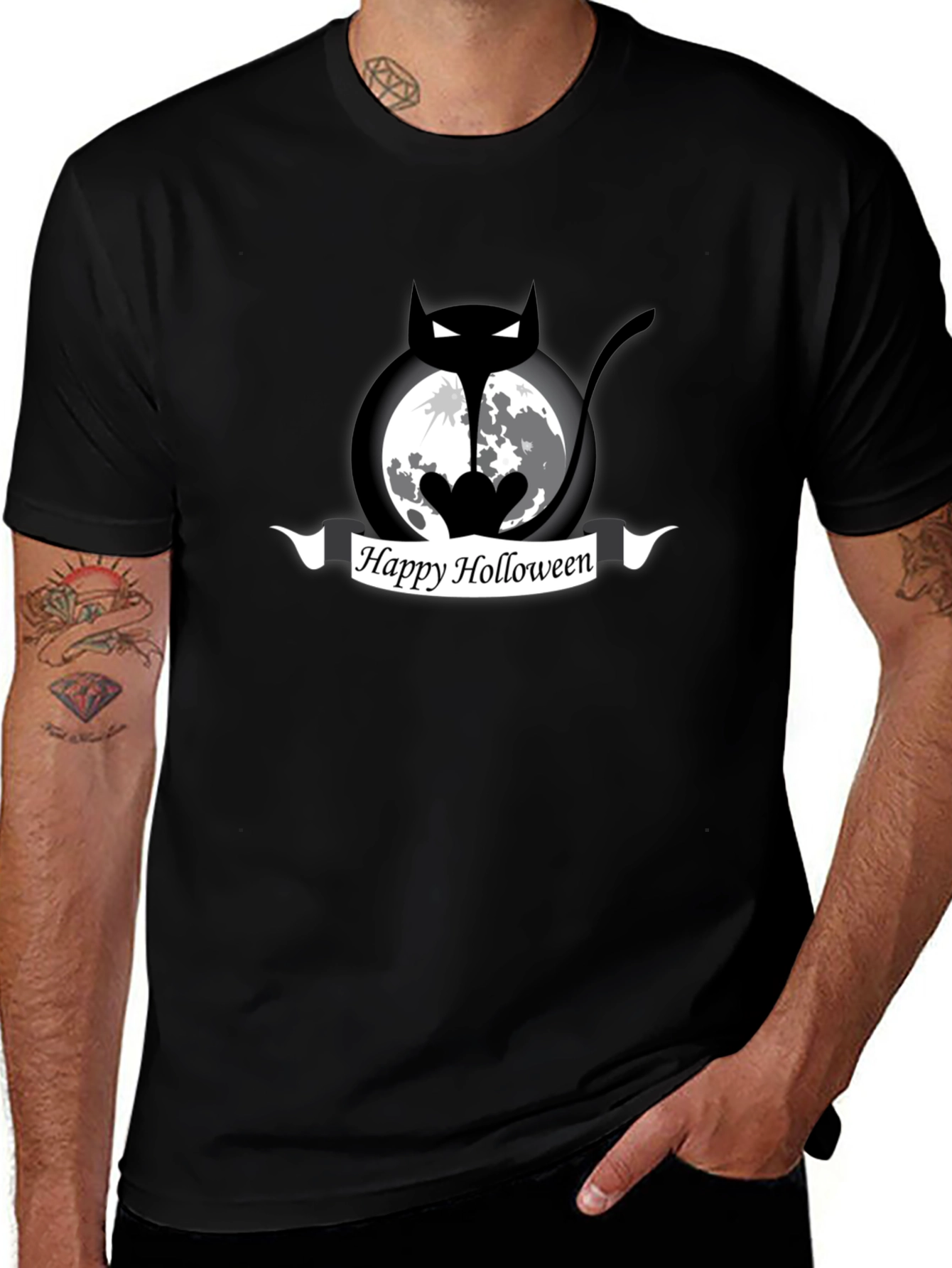 Happy Holloween Cat Moon Black T-Shirt