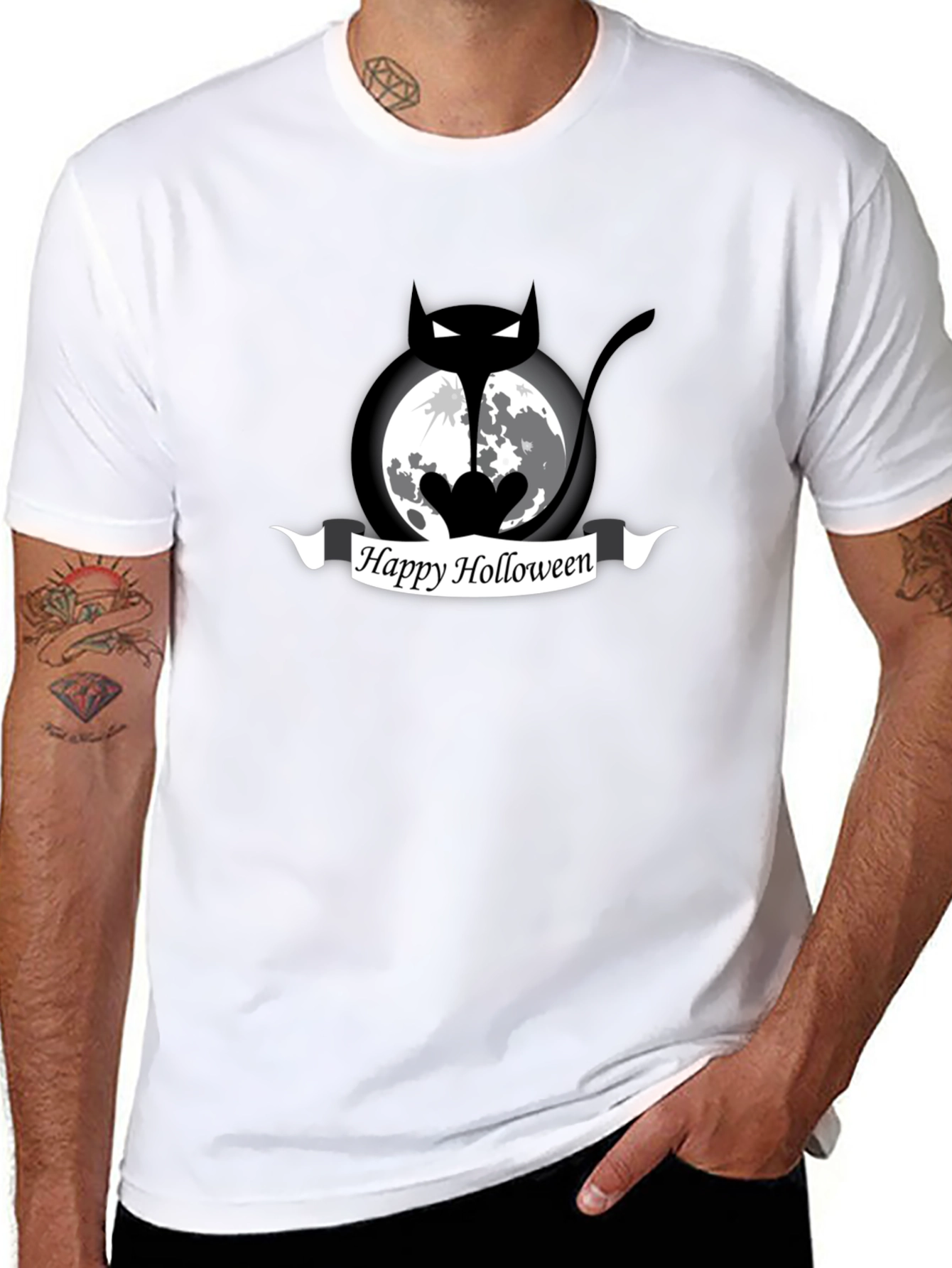 Happy Holloween Cat Moon Black T-Shirt