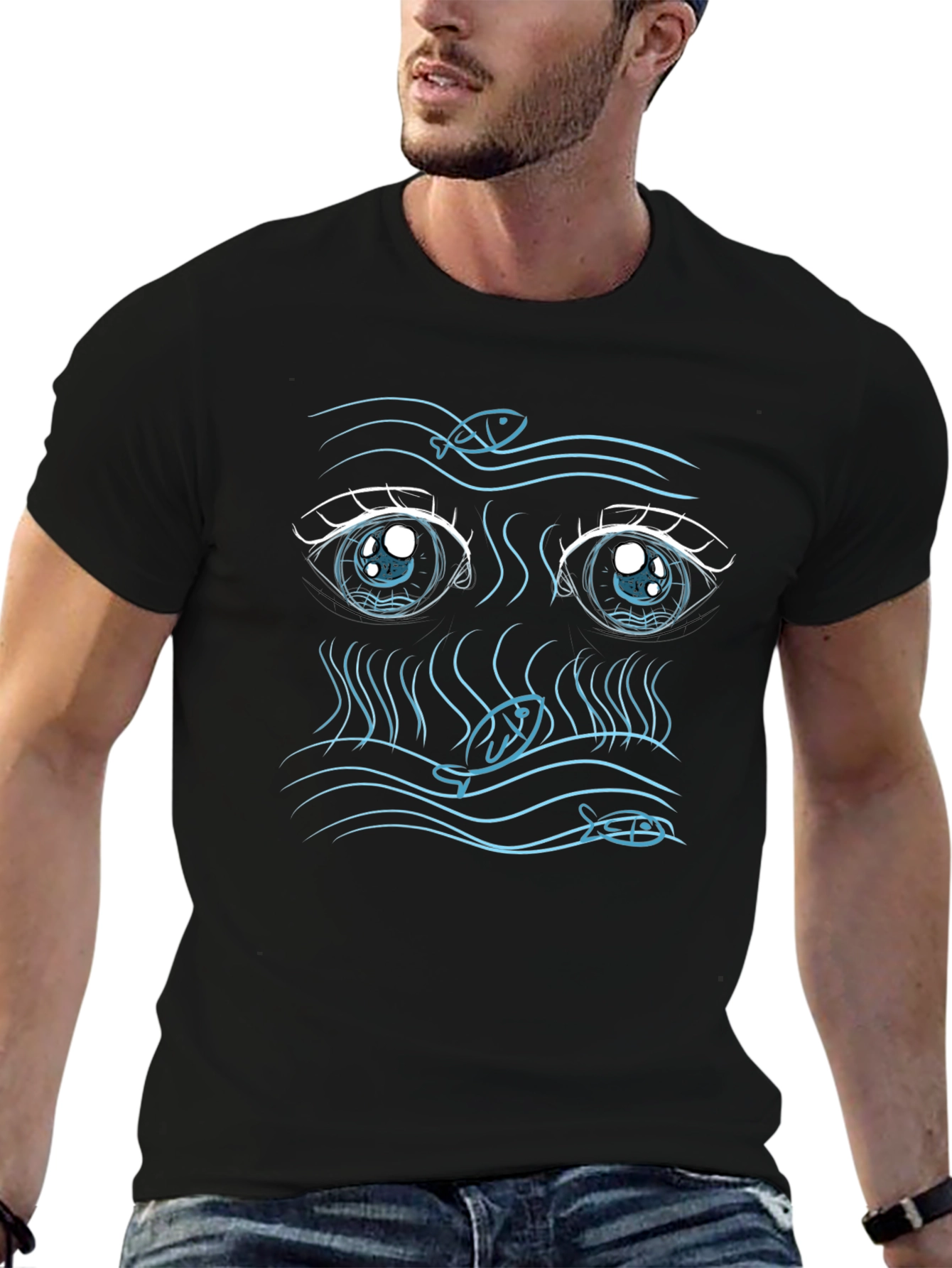 Anime Eyes Fish Graphic Tee - Unique Design