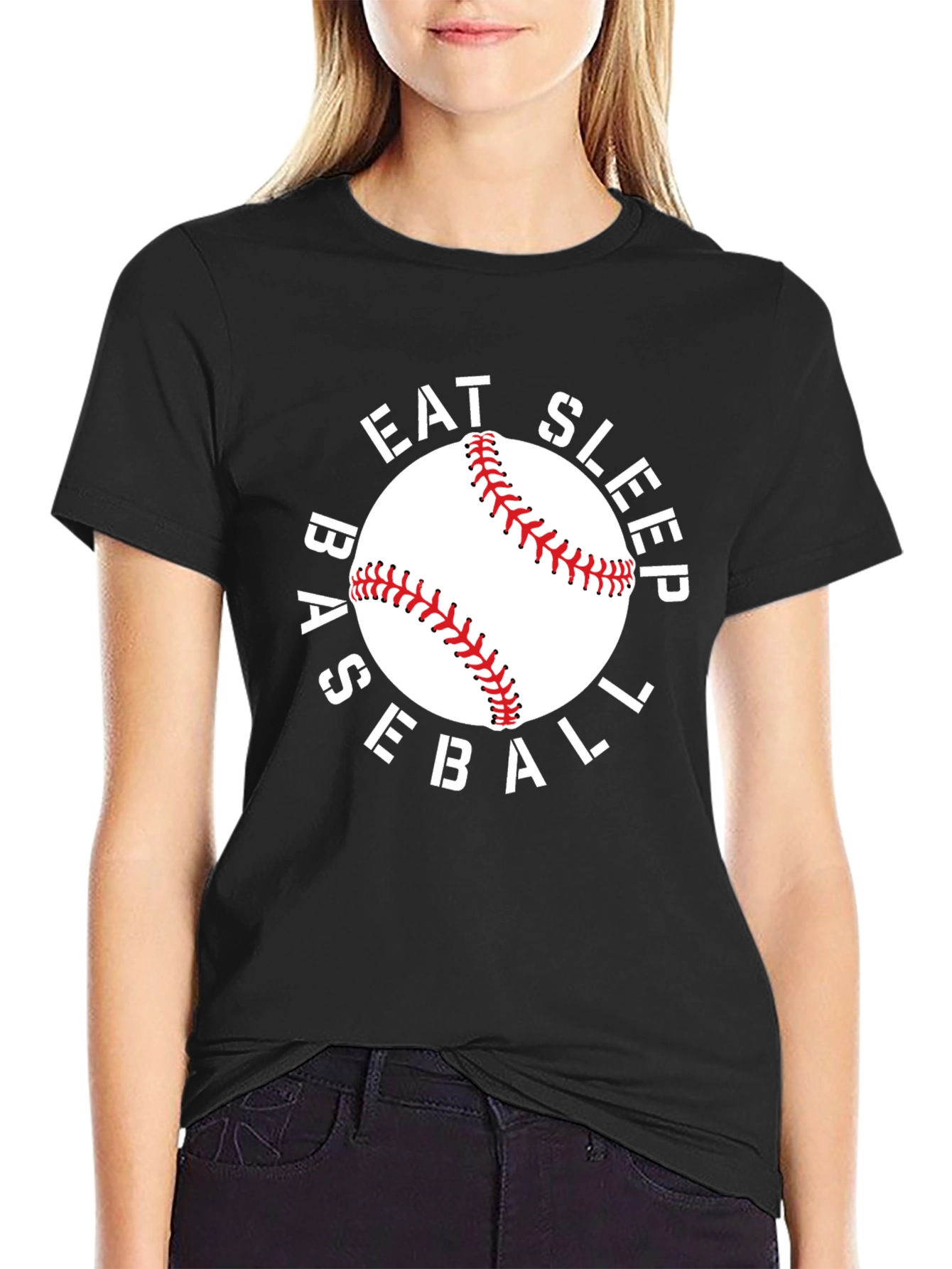 Eat Sleep Baseball T-Shirt - Black Crew Neck Tee