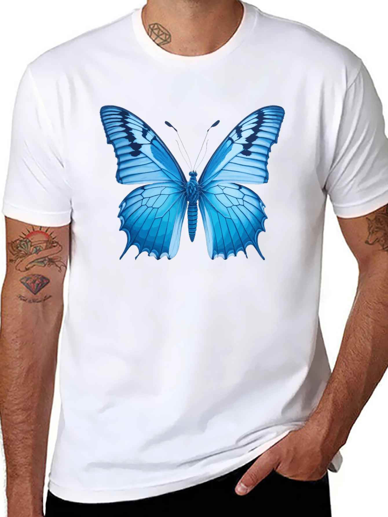 Blue Butterfly Graphic Black T-Shirt