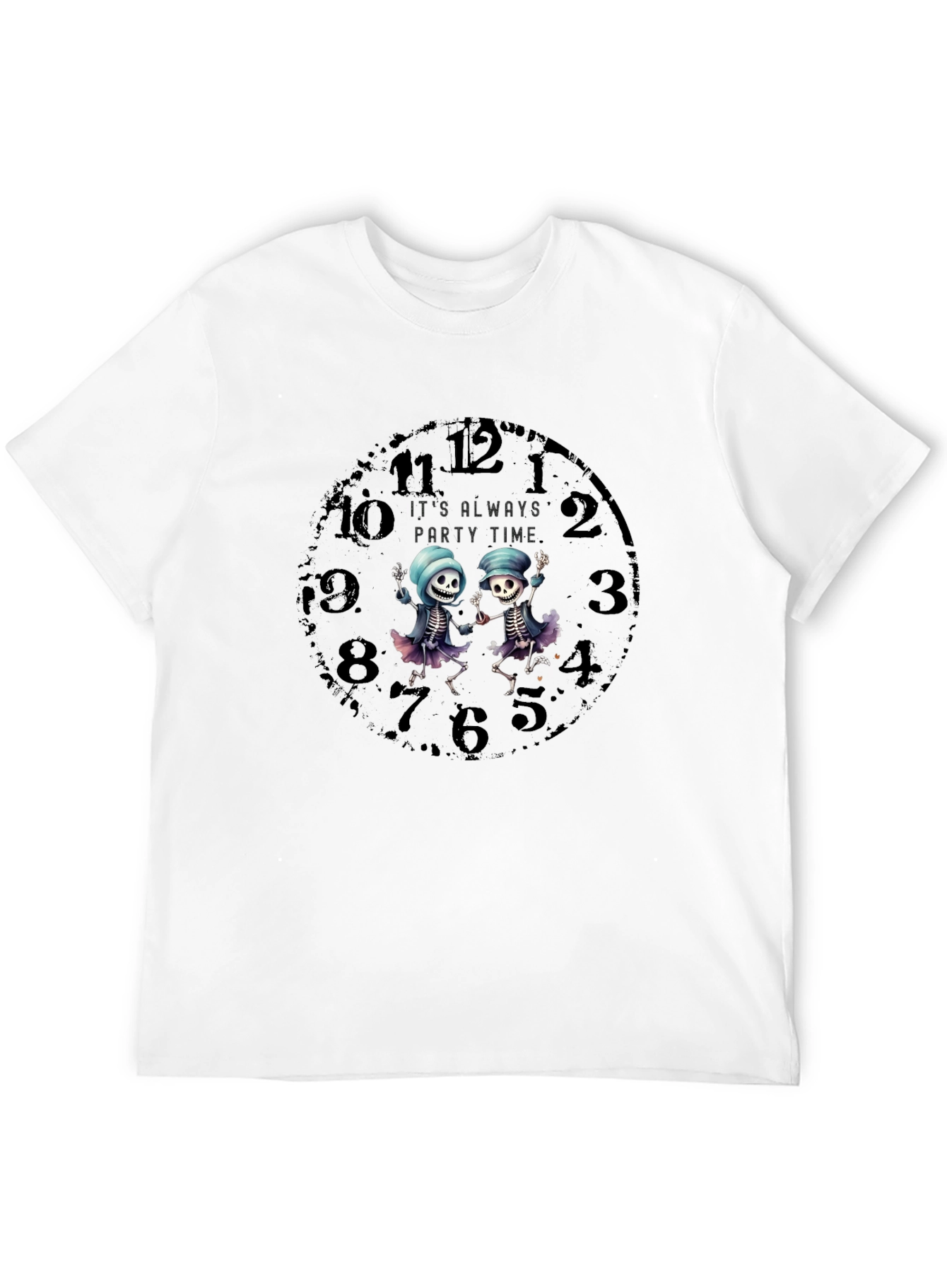 Party Time Skeleton Clock Graphic Tee