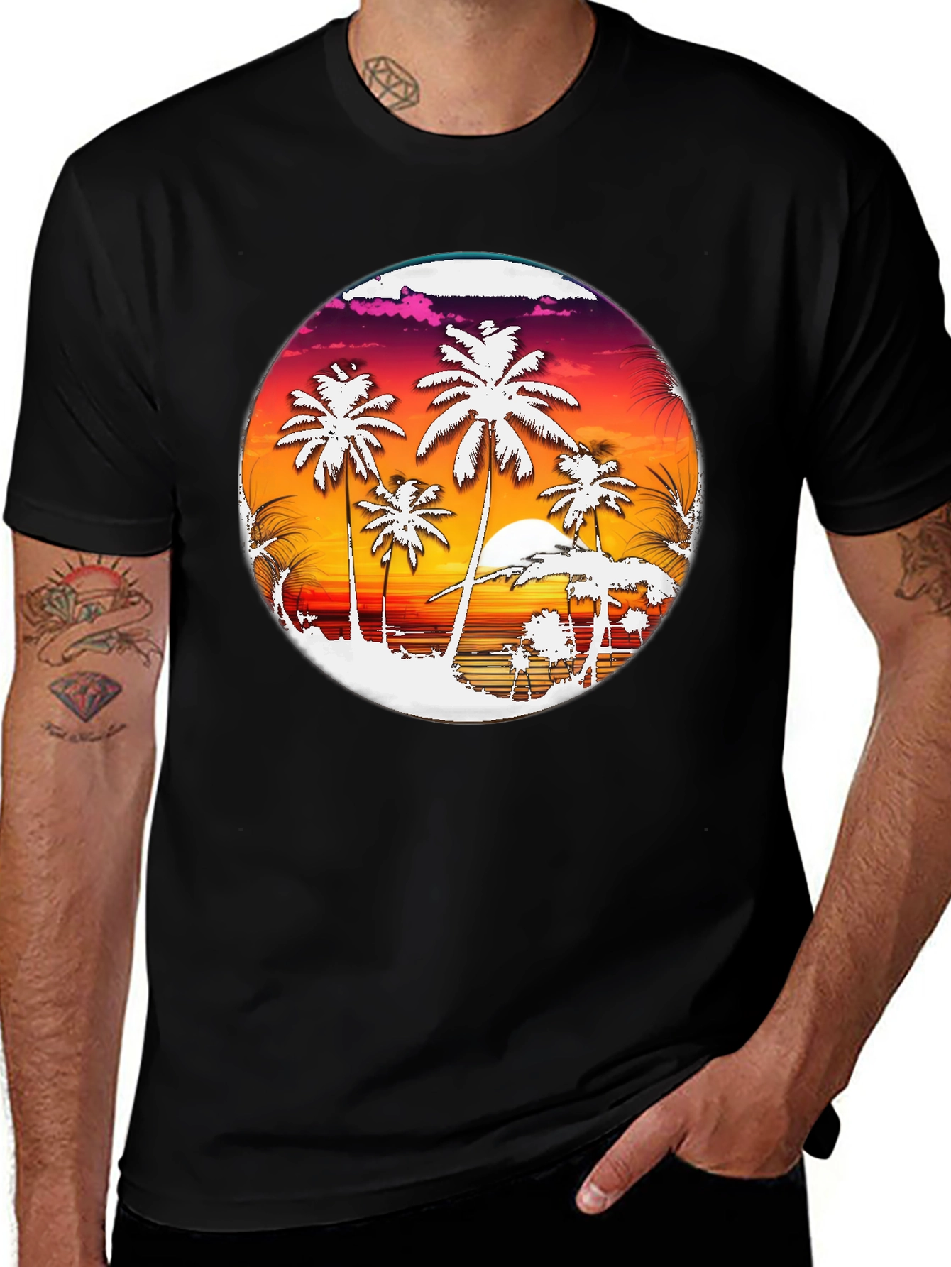 Tropical Sunset Palm Tree Graphic Tee - Black