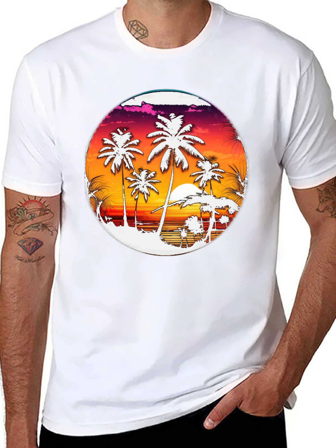 Tropical Sunset Palm Tree Graphic Tee - Black
