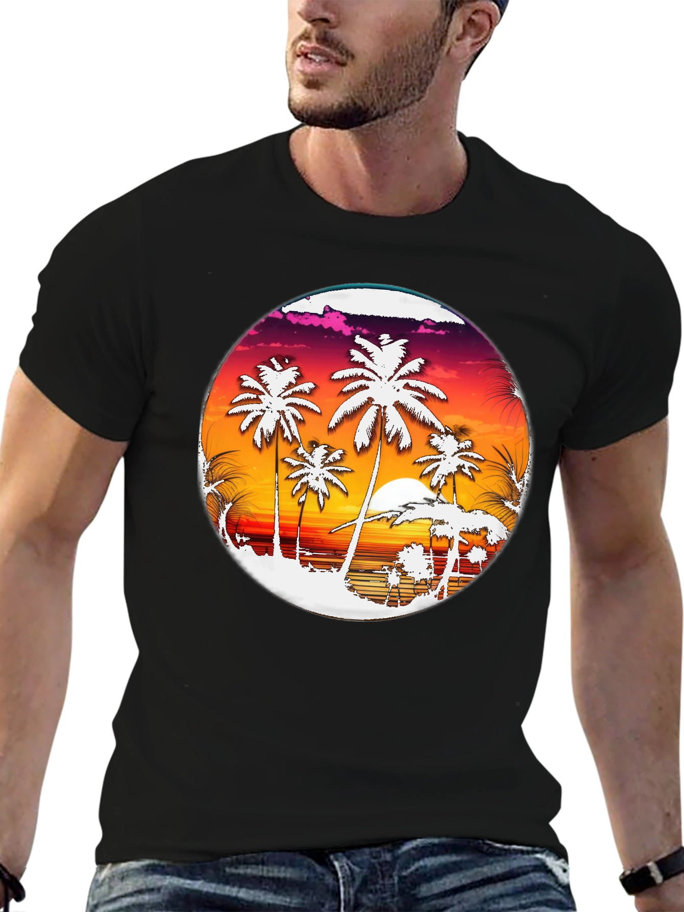 Tropical Sunset Palm Tree Graphic Tee - Black