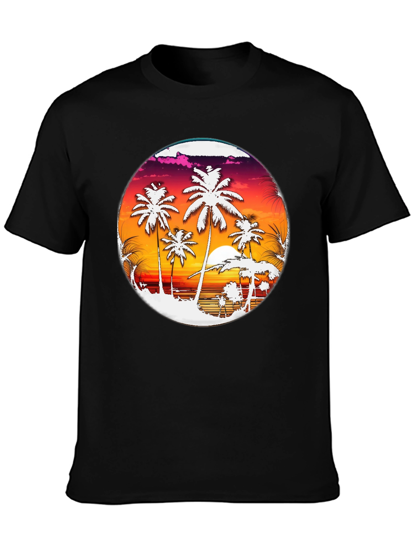 Tropical Sunset Palm Tree Graphic Tee - Black