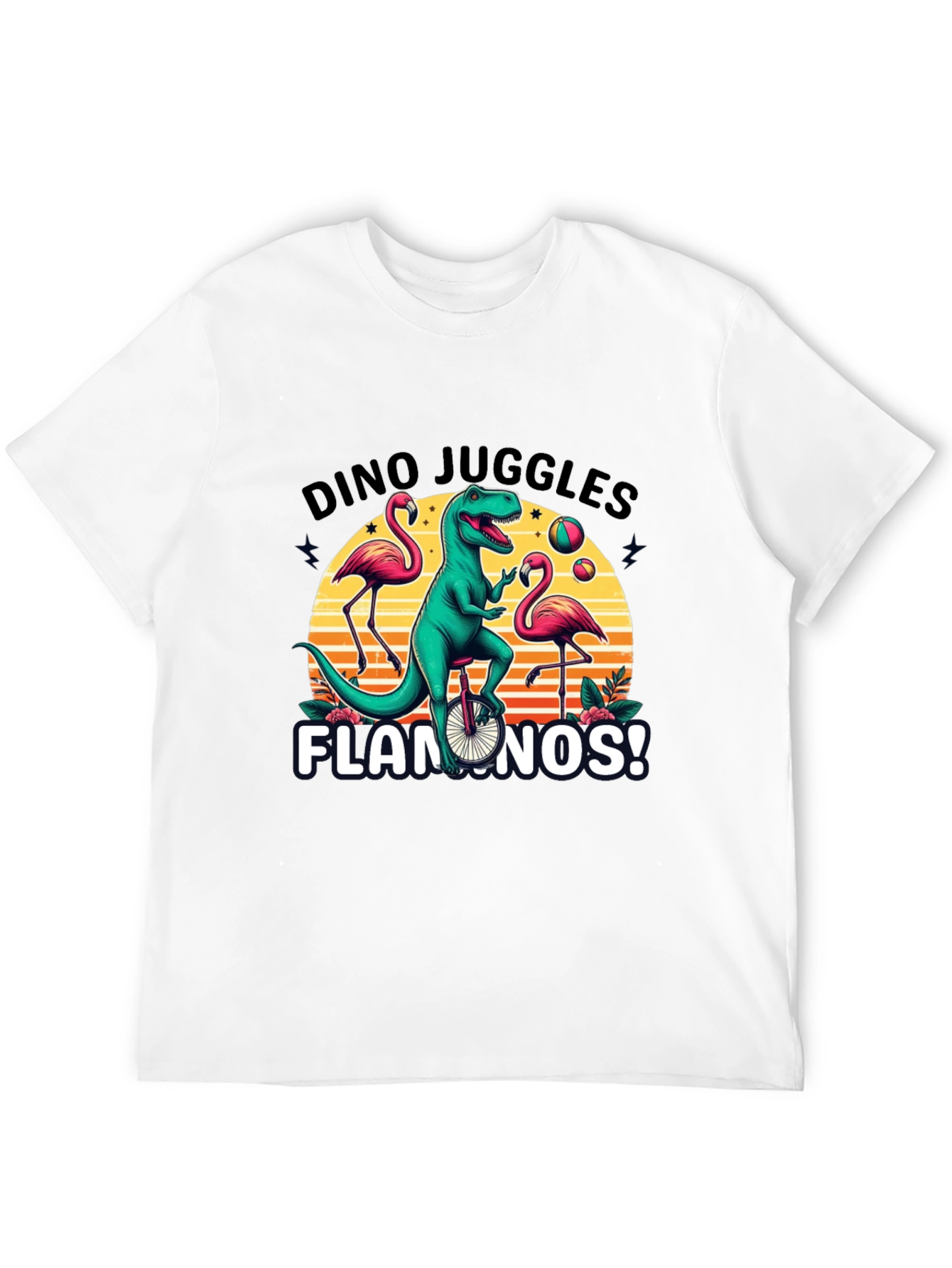 Dino Juggles Flamingos Graphic Tee