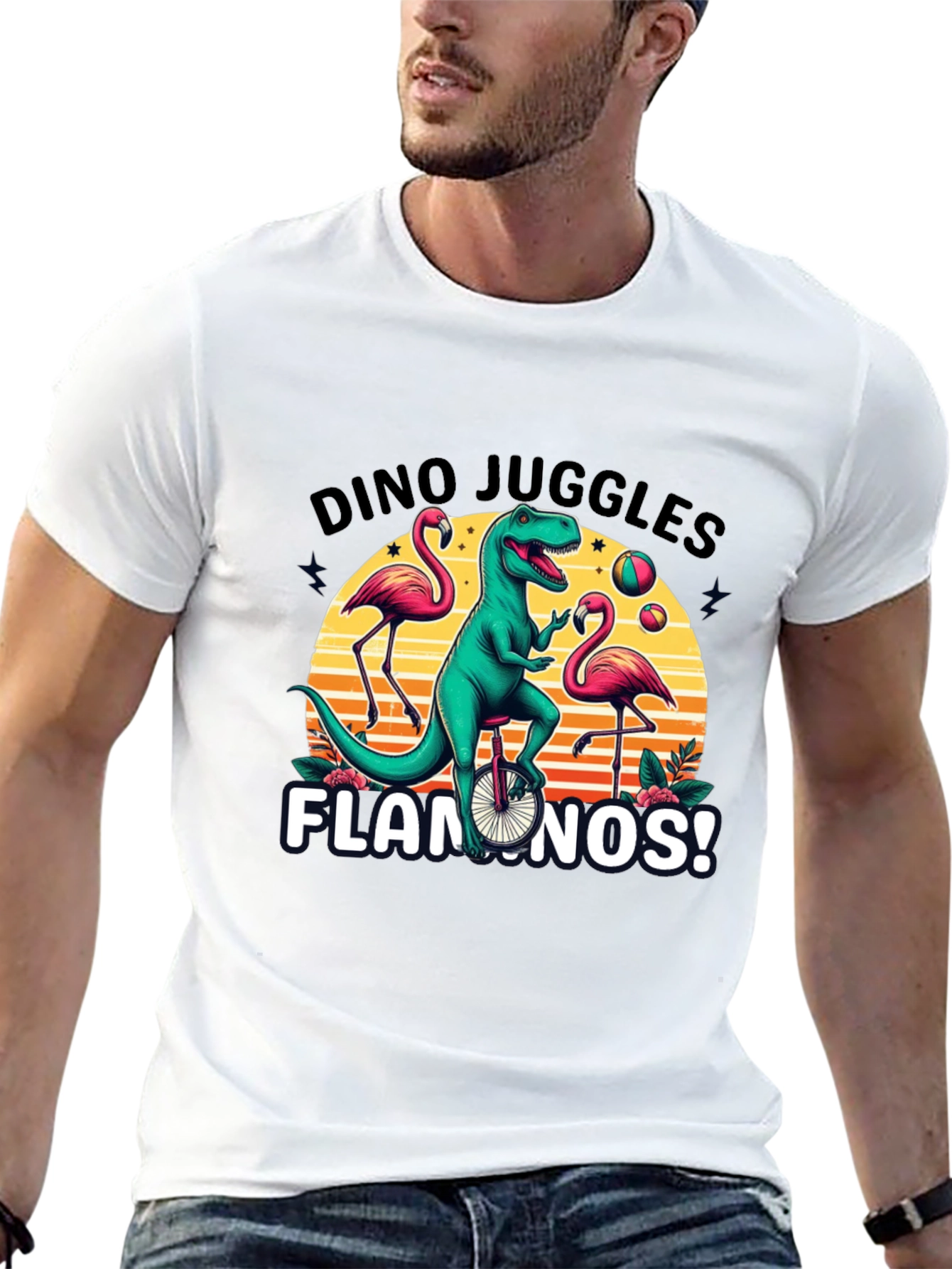 Dino Juggles Flamingos Graphic Tee