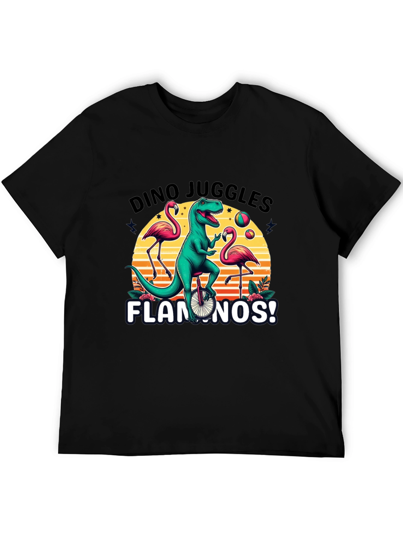 Dino Juggles Flamingos Graphic Tee
