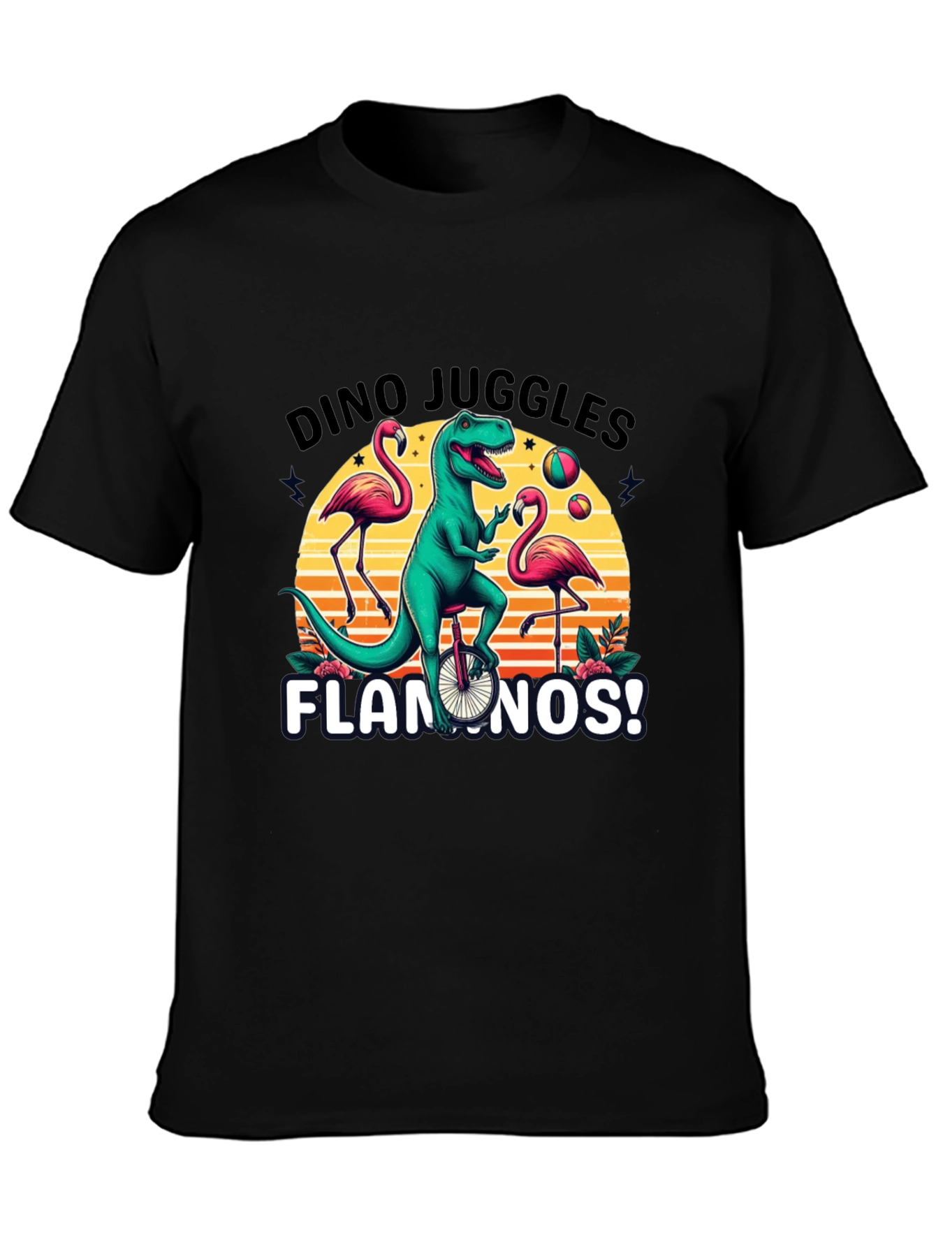 Dino Juggles Flamingos Graphic Tee
