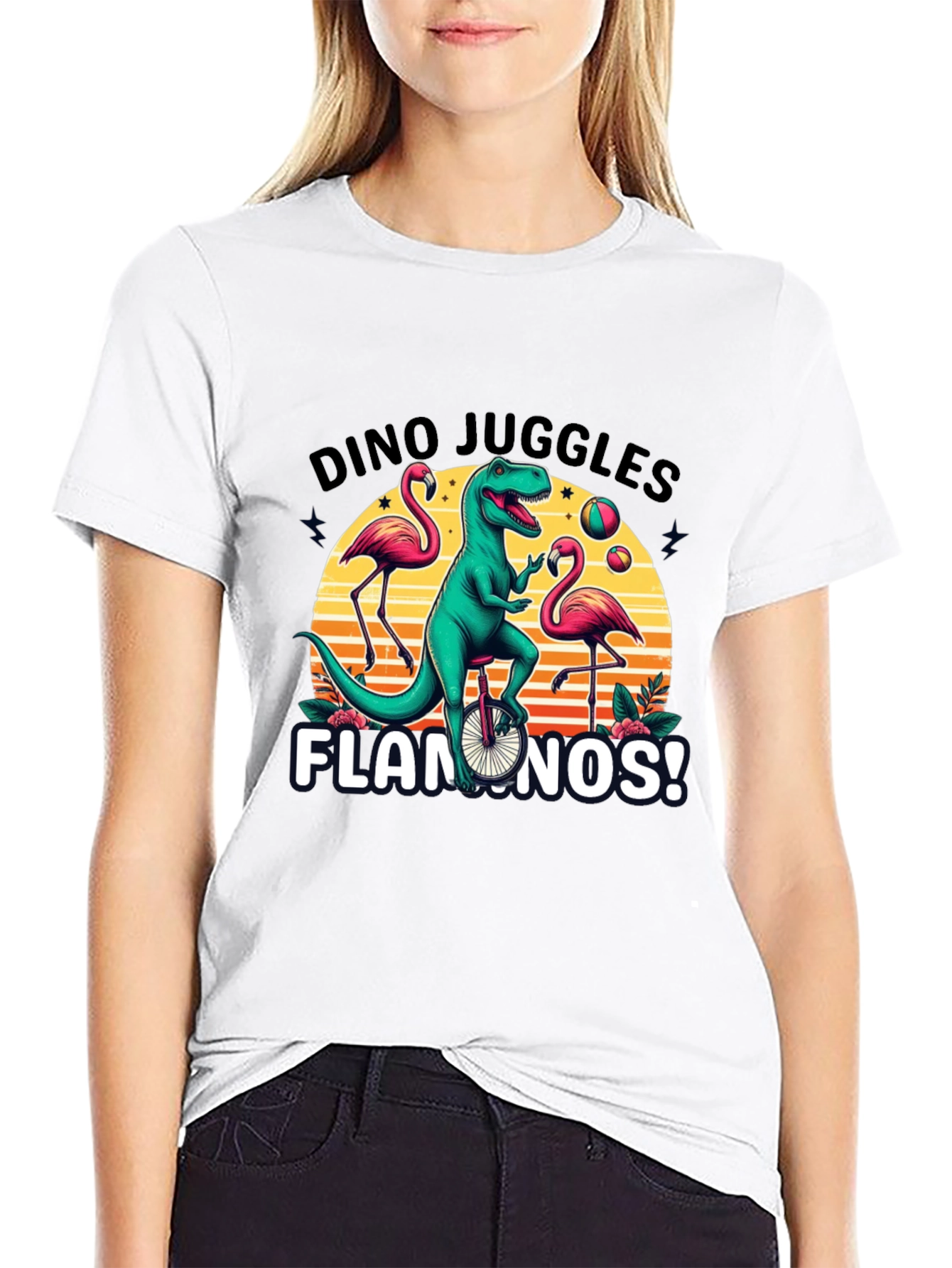 Dino Juggles Flamingos Graphic Tee