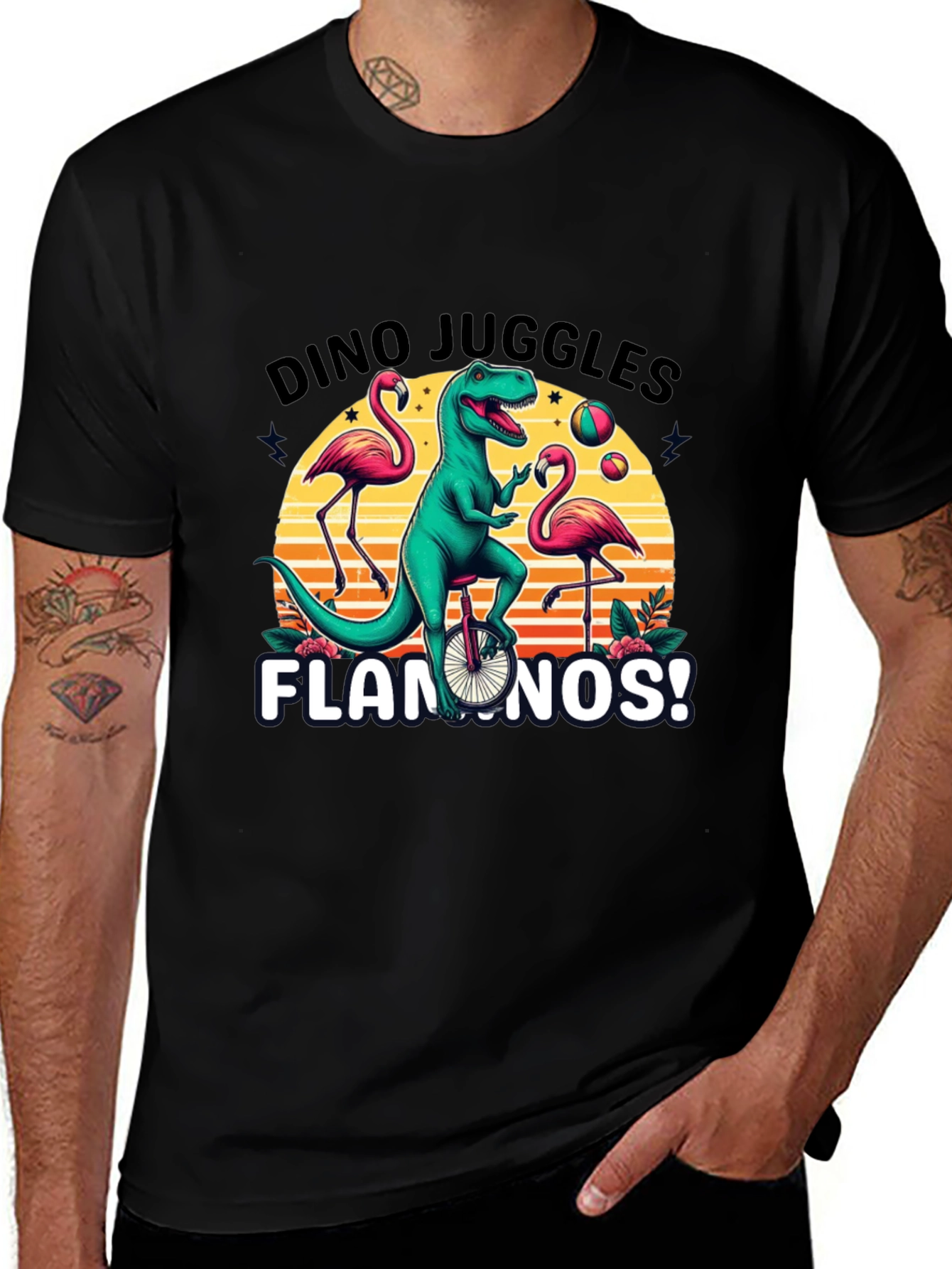Dino Juggles Flamingos Graphic Tee