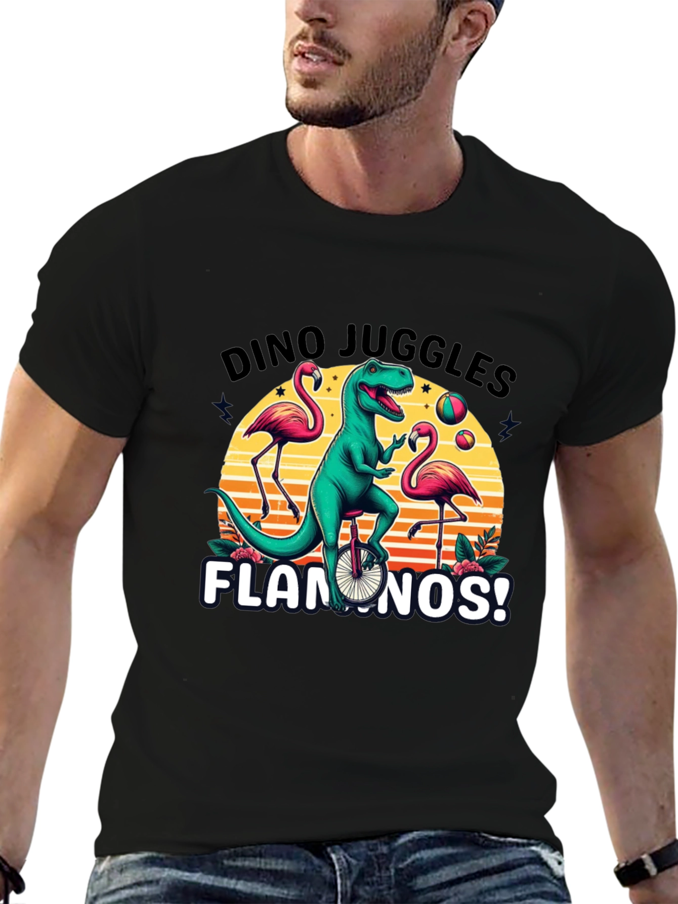Dino Juggles Flamingos Graphic Tee