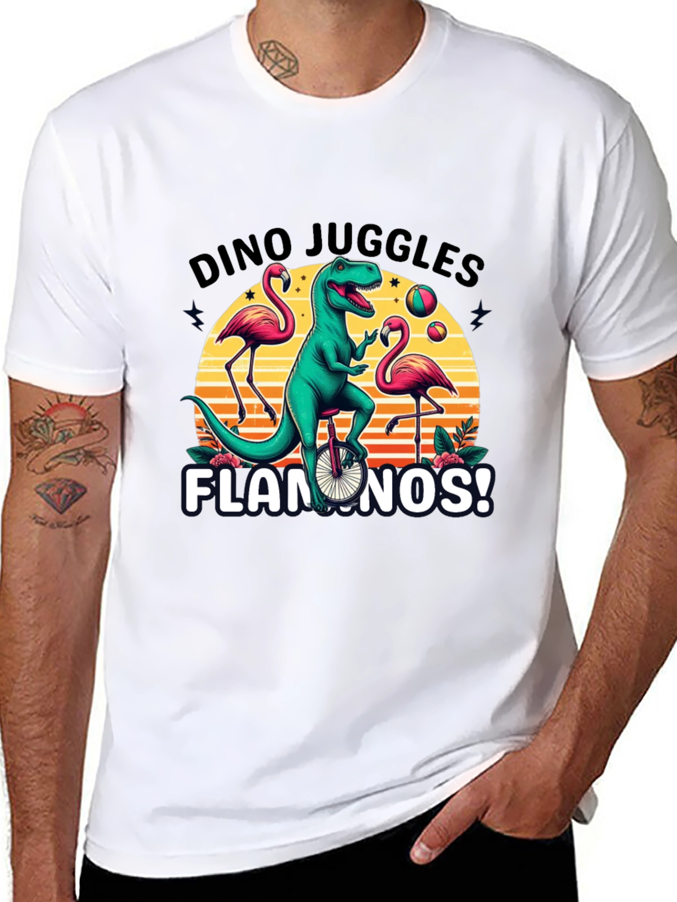 Dino Juggles Flamingos Graphic Tee