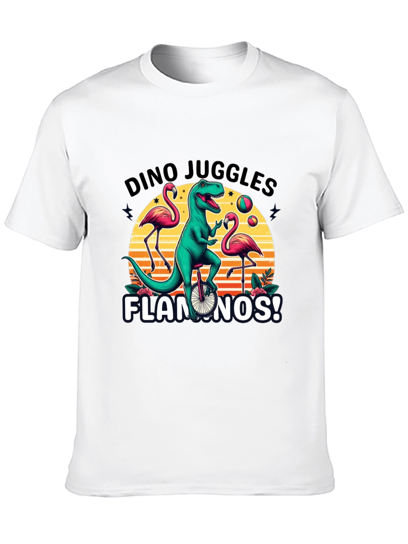 Dino Juggles Flamingos Graphic Tee