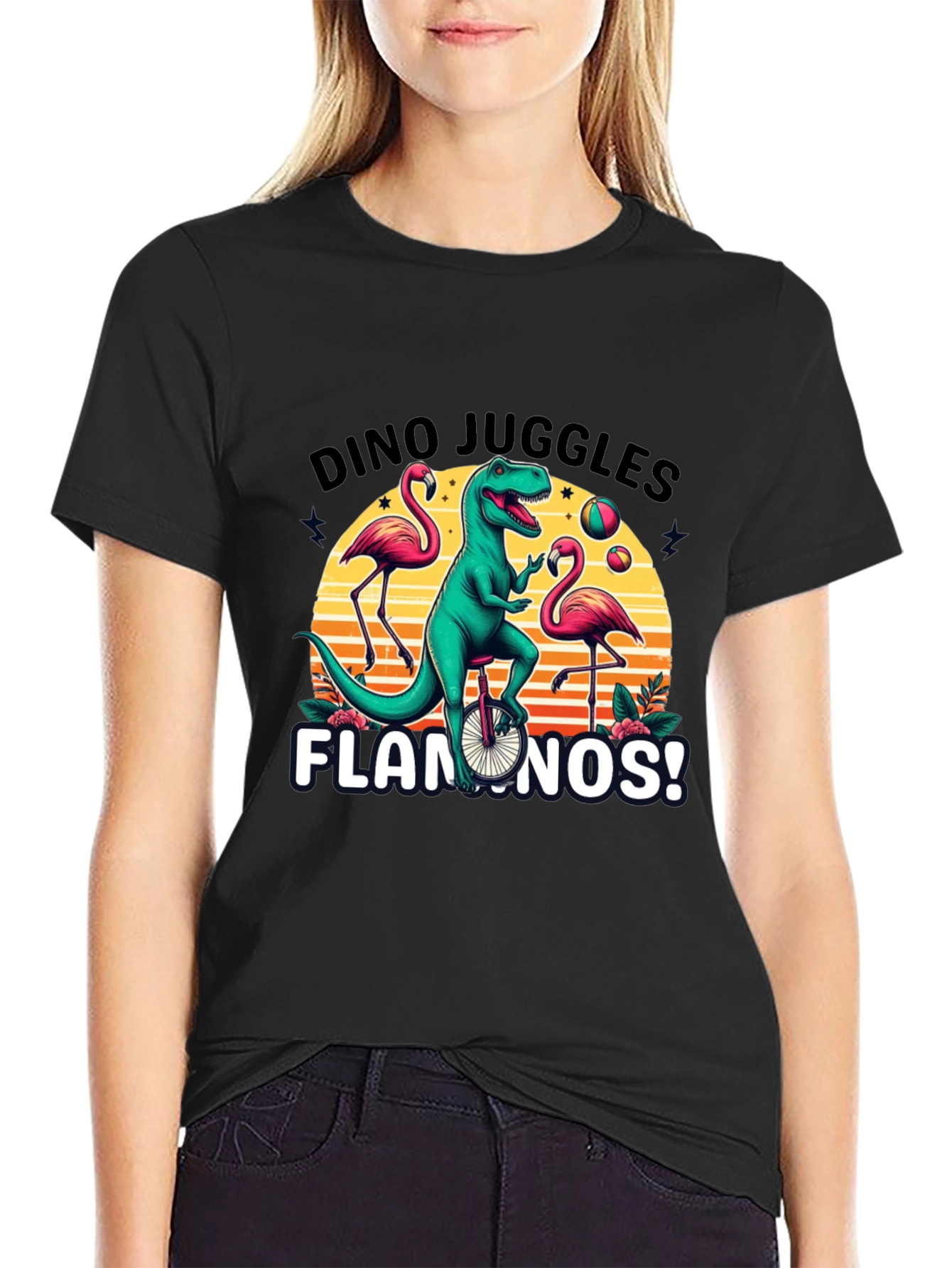 Dino Juggles Flamingos Graphic Tee