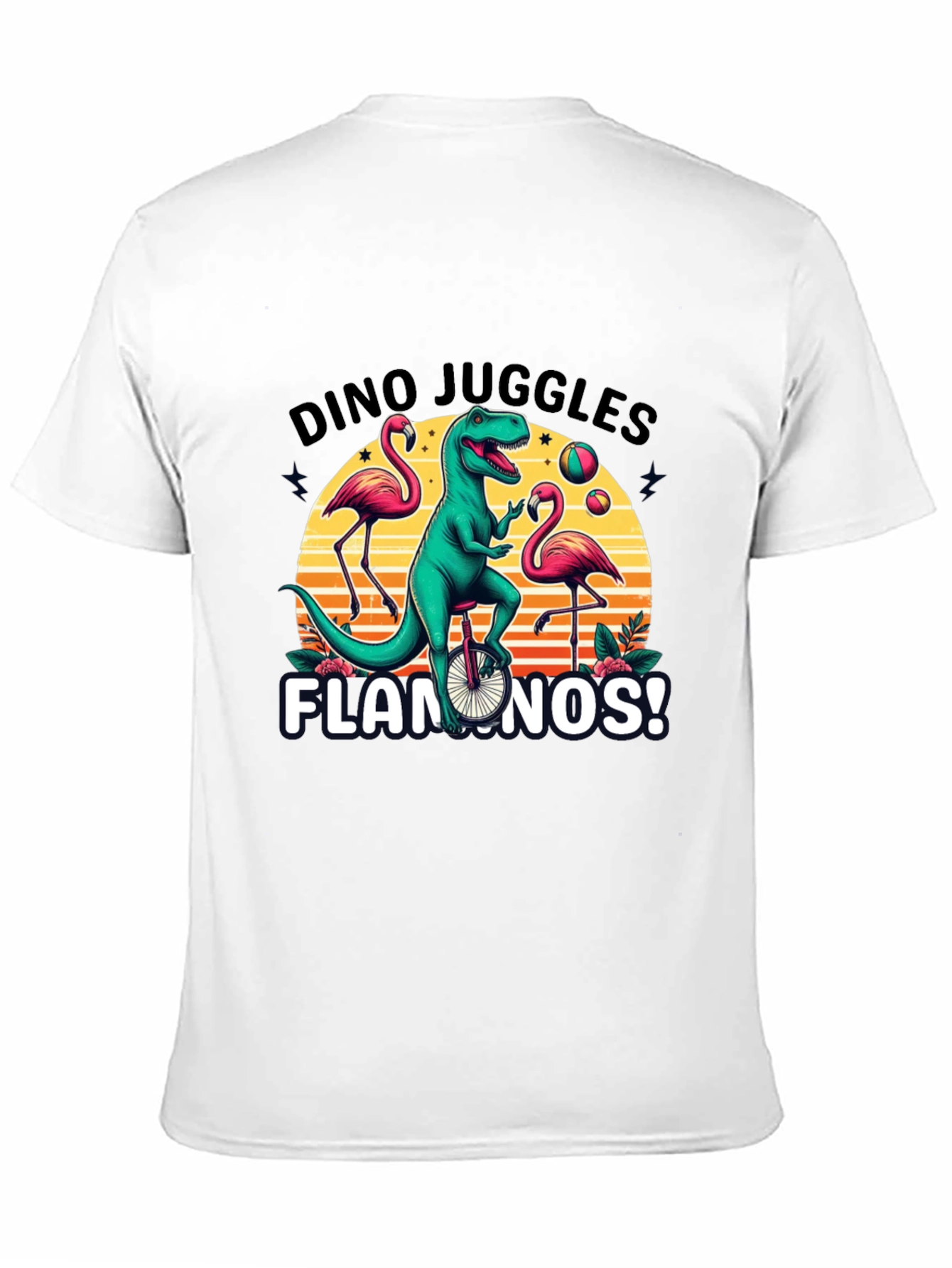 Dino Juggles Flamingos Graphic Tee