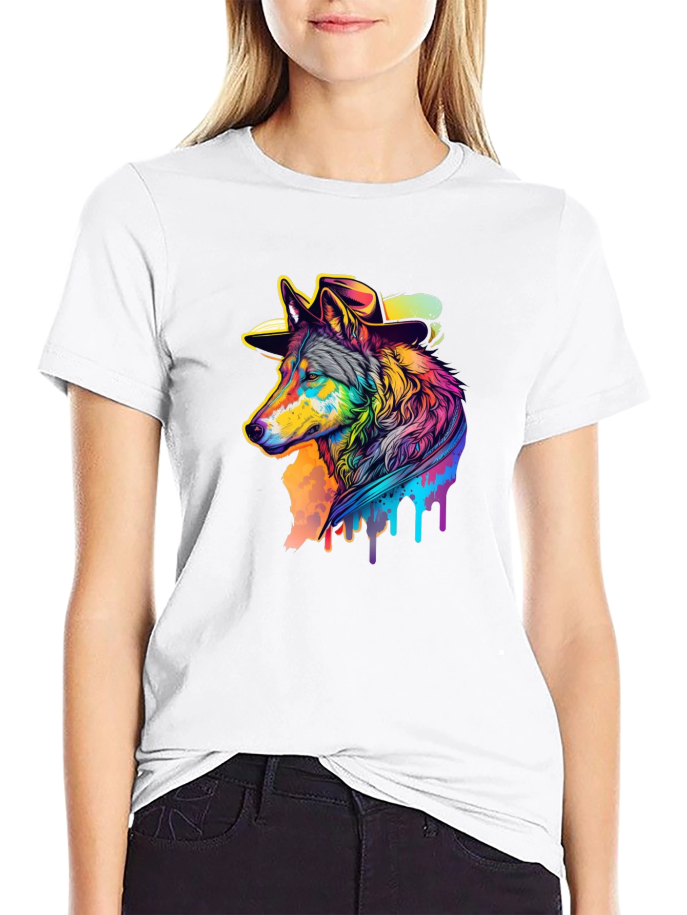Cool Wolf in Hat Graphic Black T-Shirt