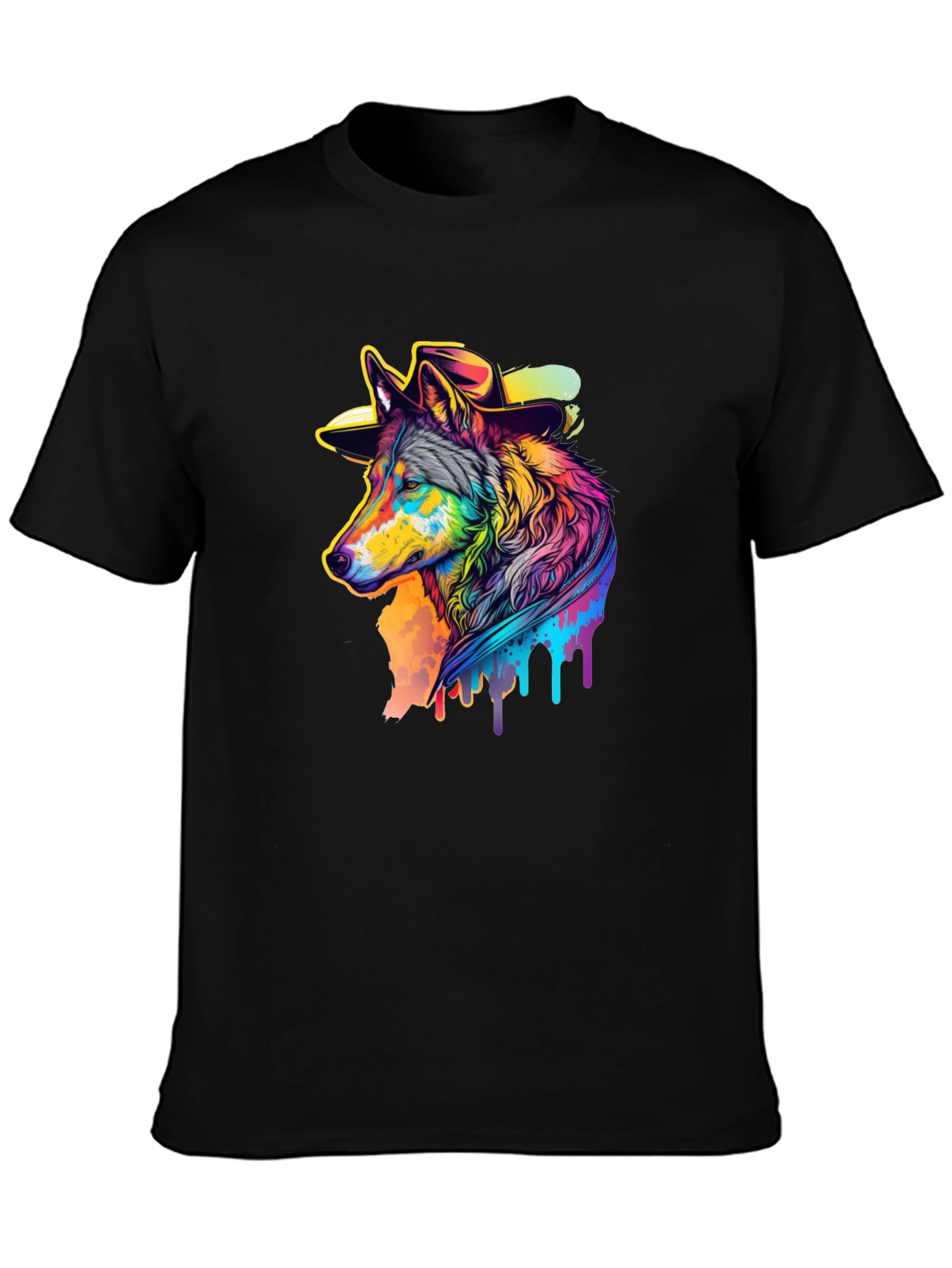 Cool Wolf in Hat Graphic Black T-Shirt