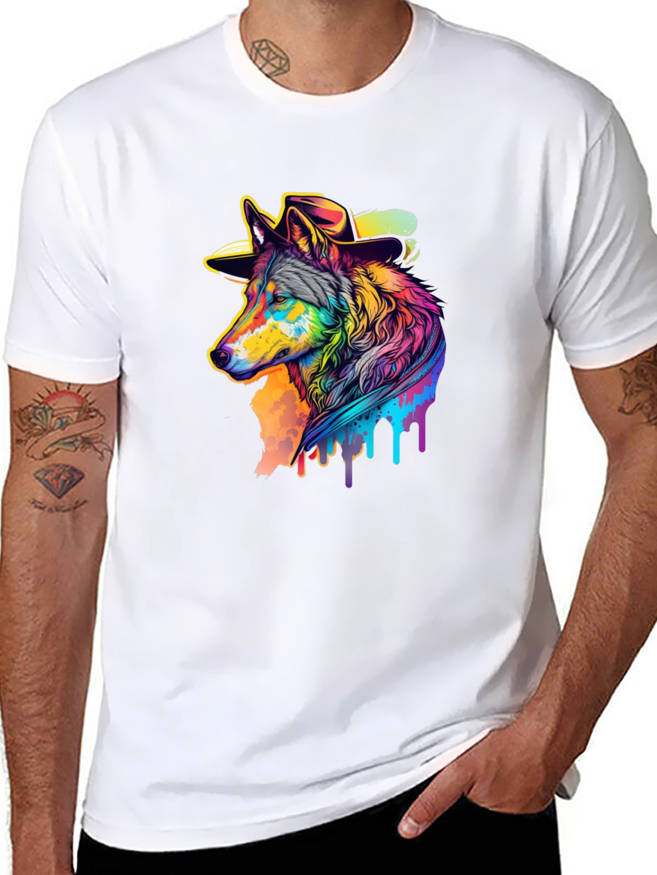 Cool Wolf in Hat Graphic Black T-Shirt