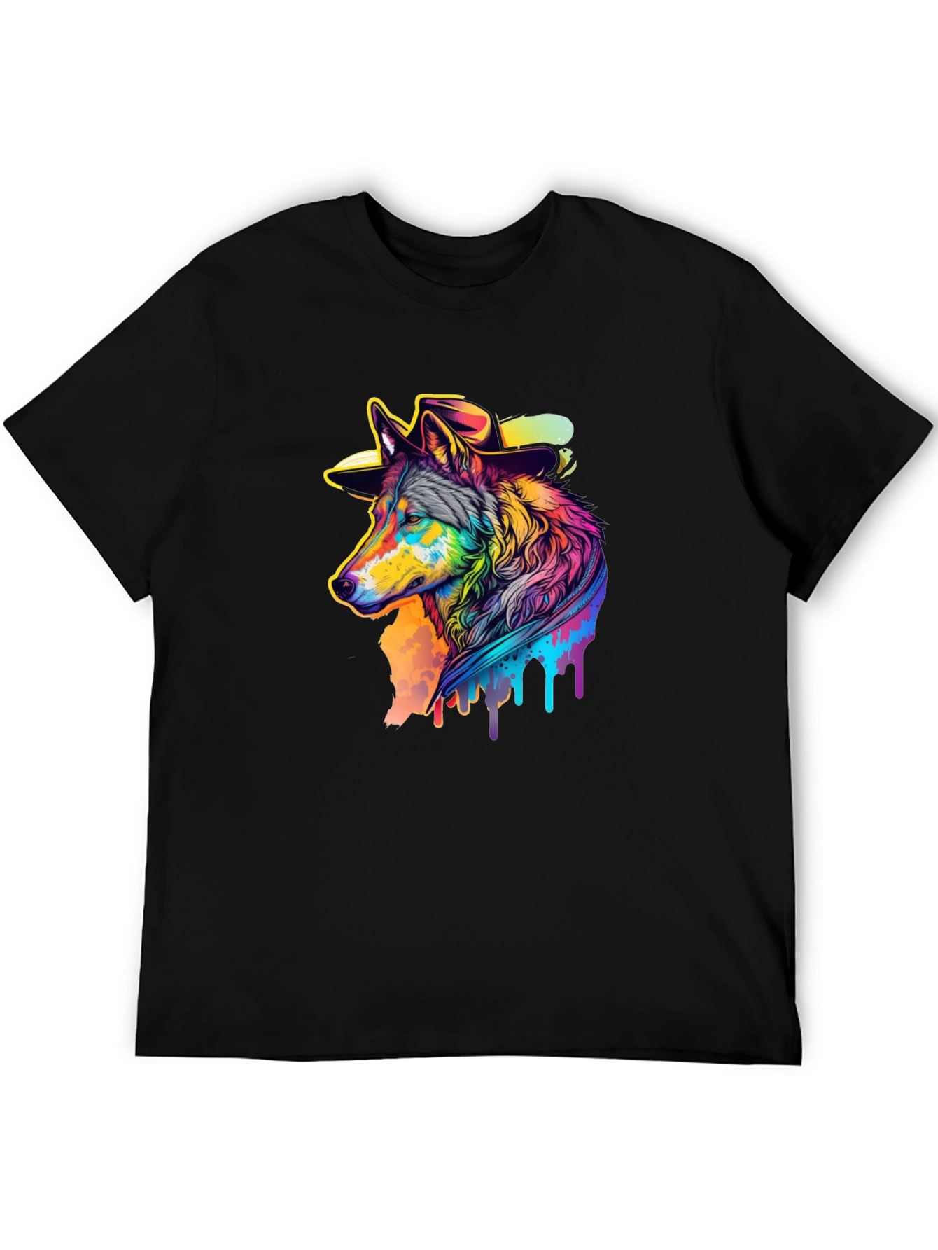Cool Wolf in Hat Graphic Black T-Shirt