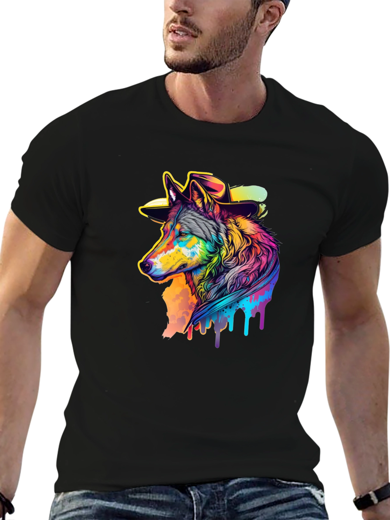 Cool Wolf in Hat Graphic Black T-Shirt