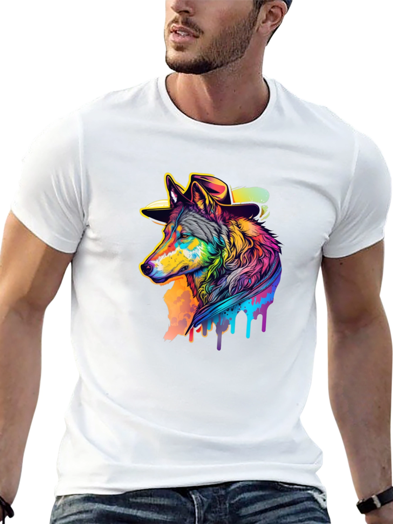 Cool Wolf in Hat Graphic Black T-Shirt