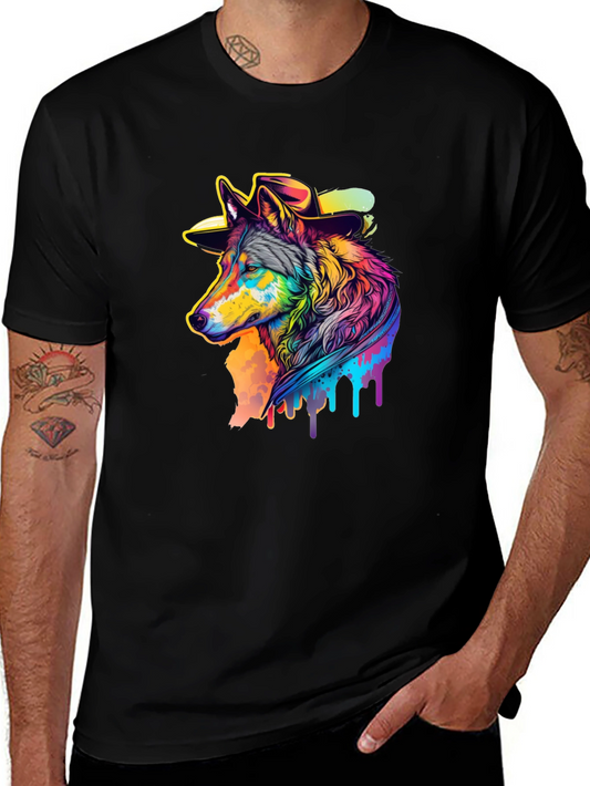 Cool Wolf in Hat Graphic Black T-Shirt