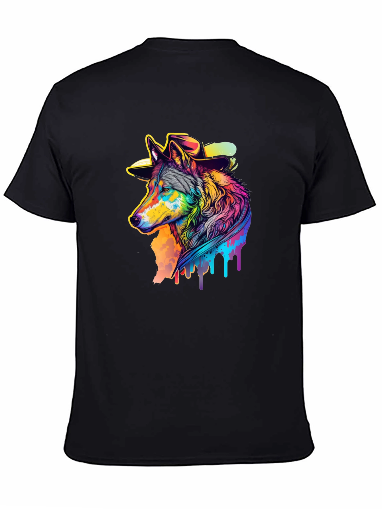 Cool Wolf in Hat Graphic Black T-Shirt