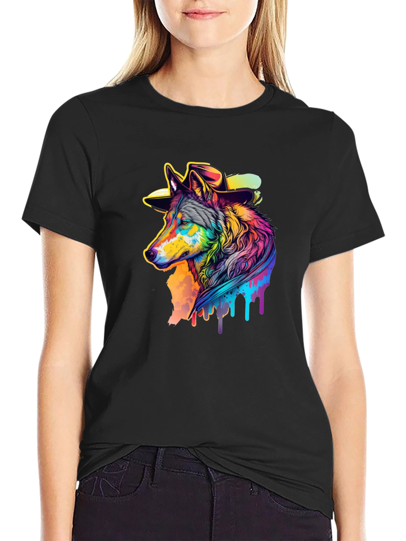 Cool Wolf in Hat Graphic Black T-Shirt