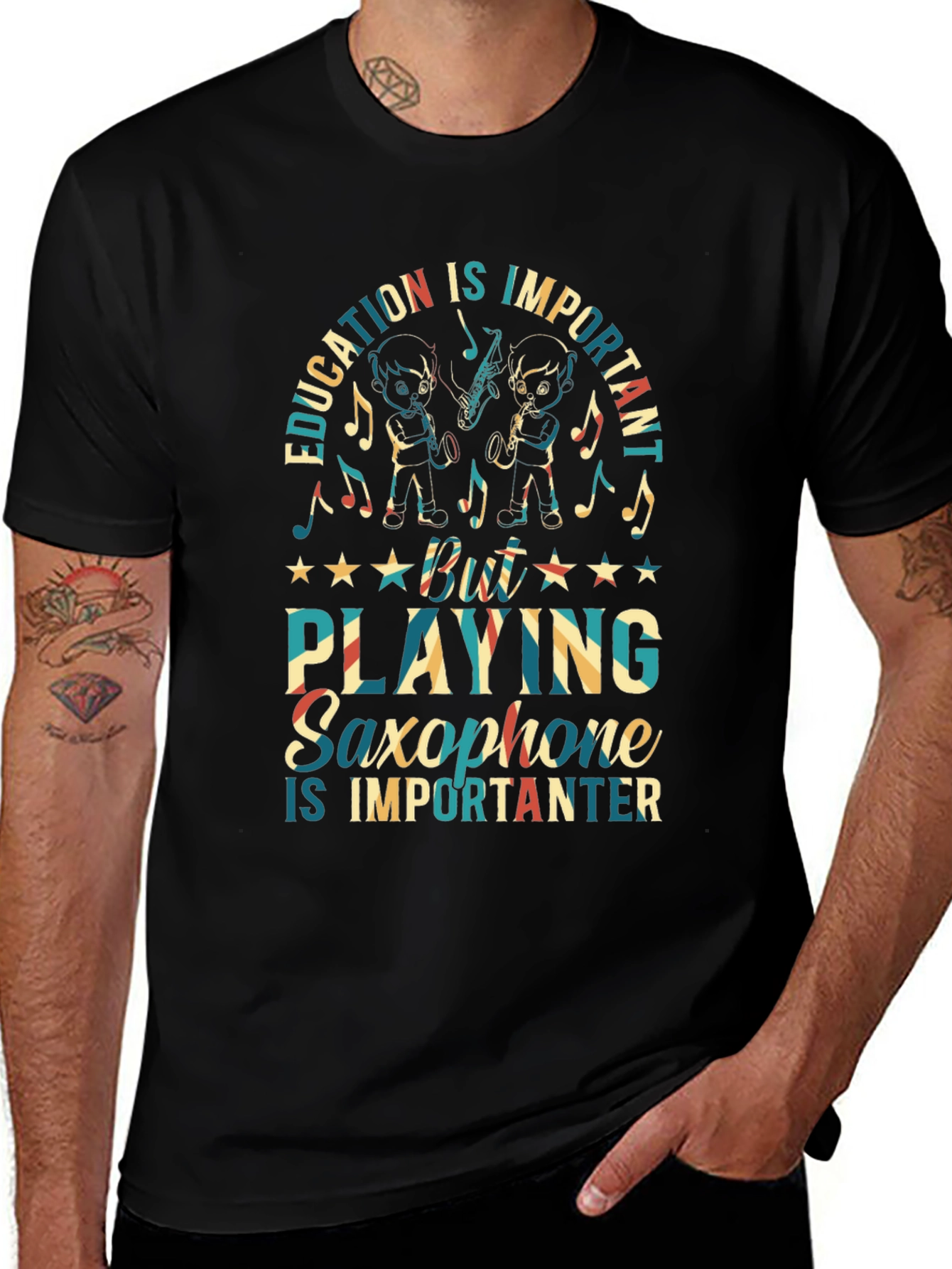 Education vs Saxophone Black Graphic Tee