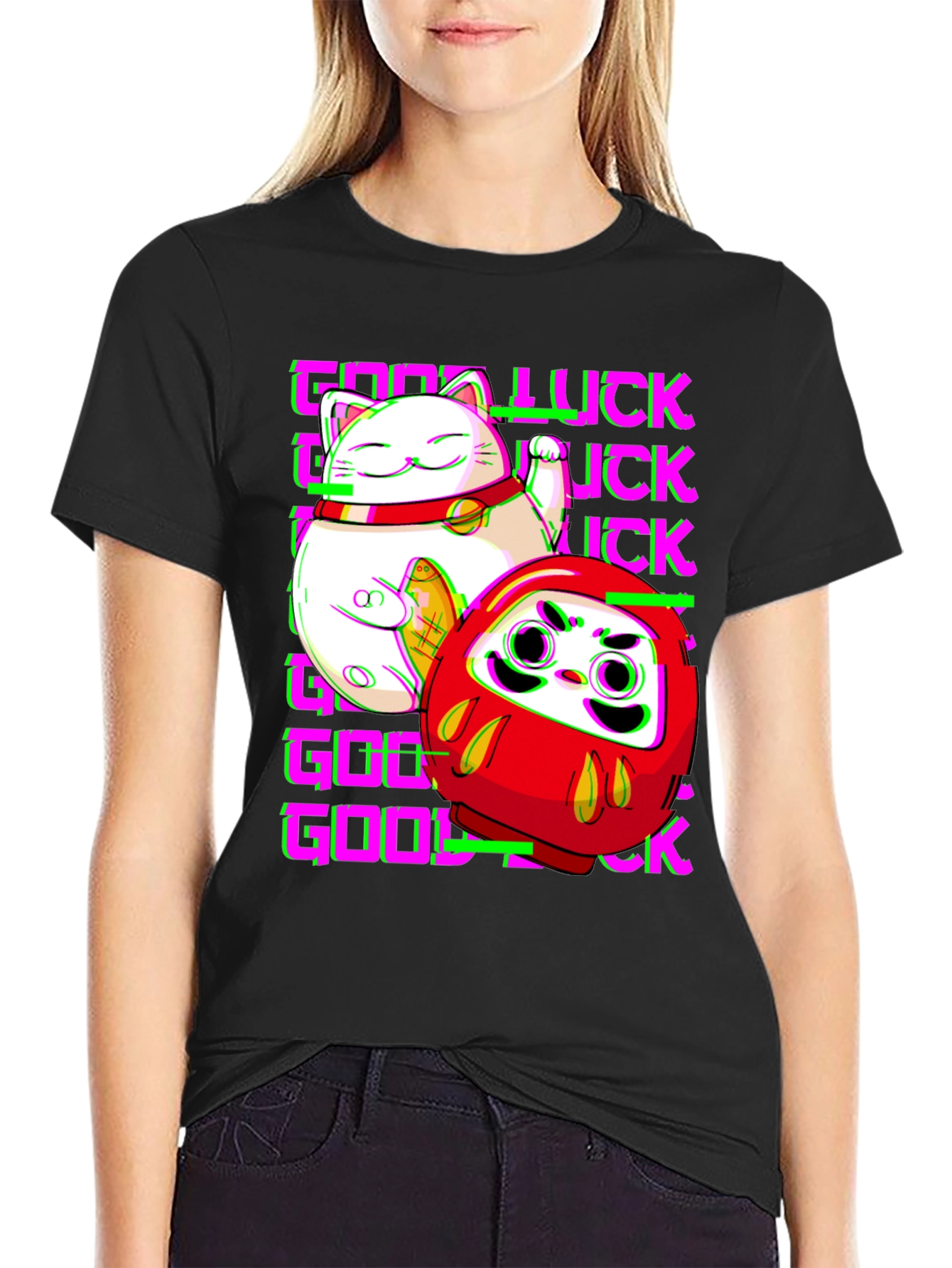 Lucky Cat & Daruma Doll Graphic T-Shirt