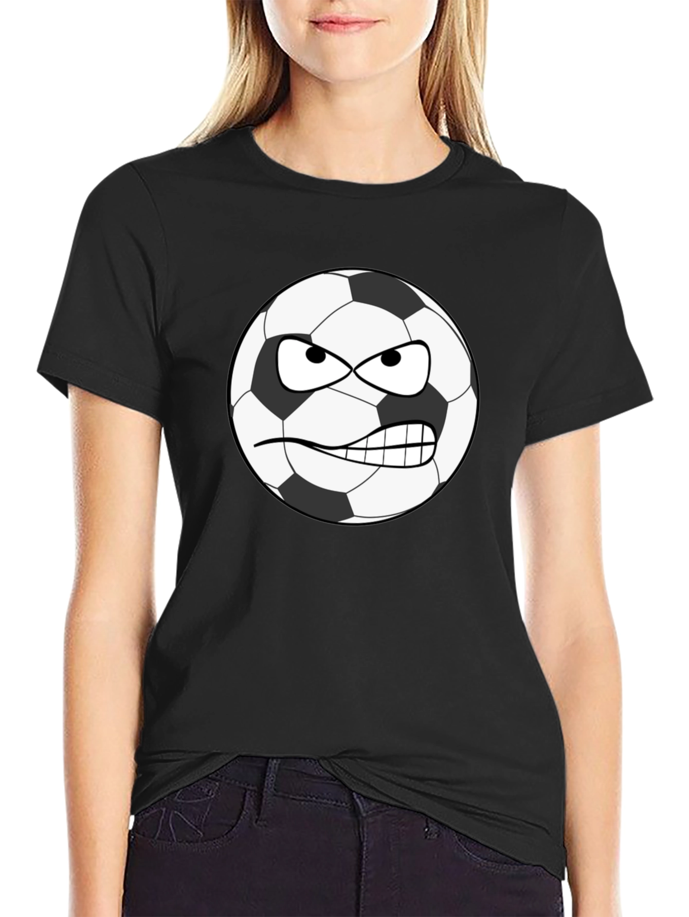 Angry Soccer Ball Graphic Tee - Black Cotton Shirt