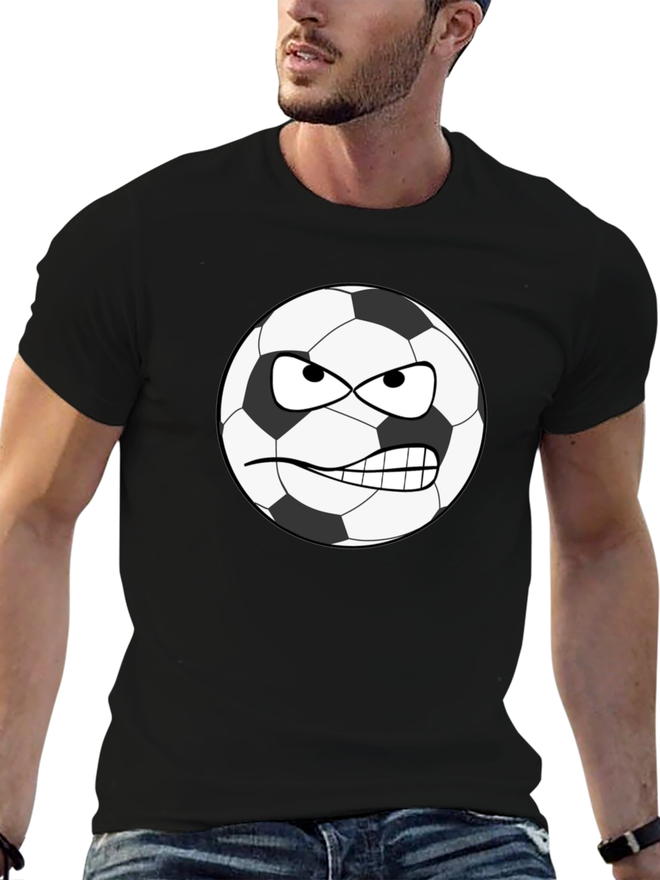Angry Soccer Ball Graphic Tee - Black Cotton Shirt