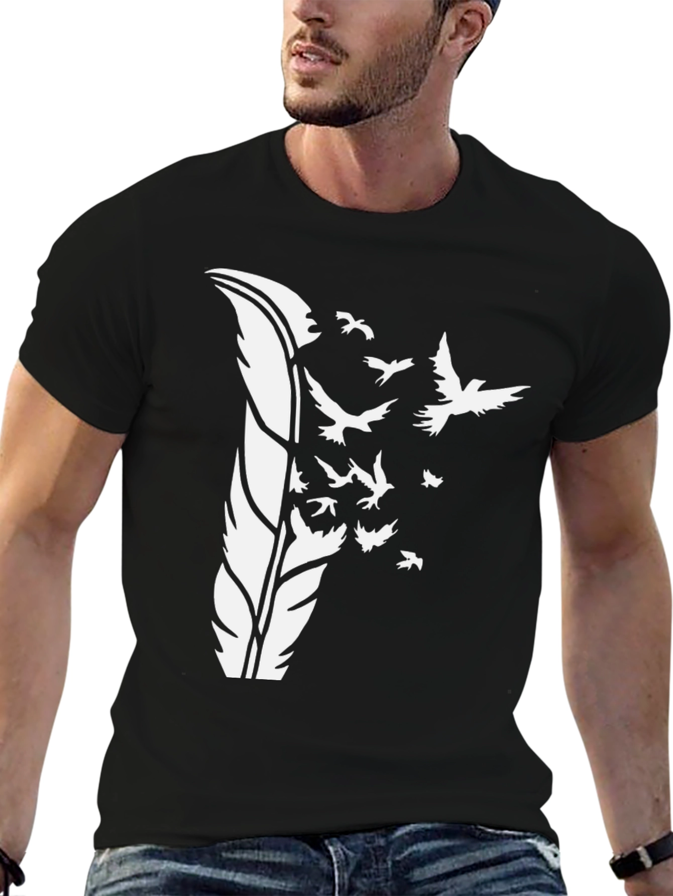 Feather Birds Graphic Tee - Stylish Mens Black T-Shirt