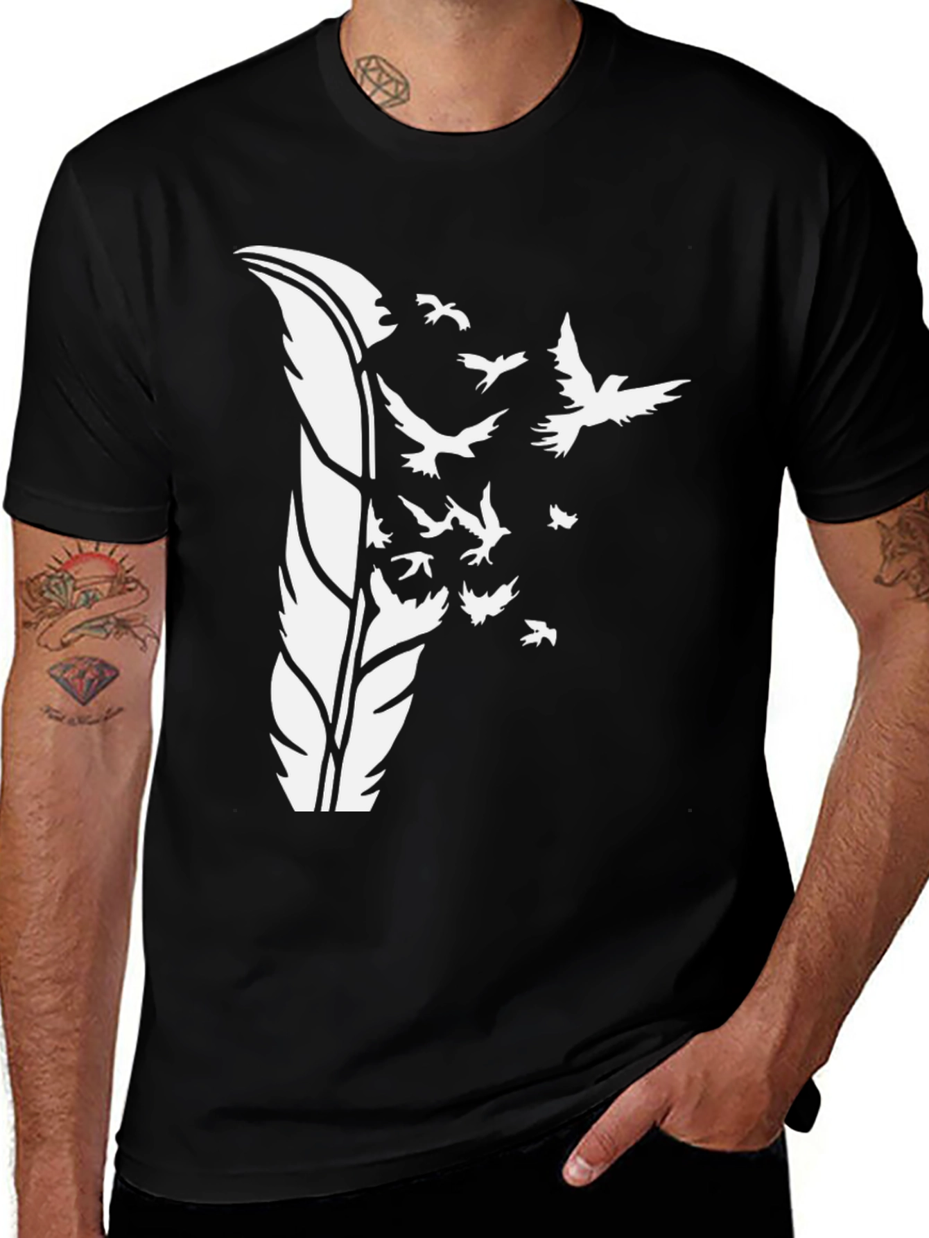 Feather Birds Graphic Tee - Stylish Mens Black T-Shirt