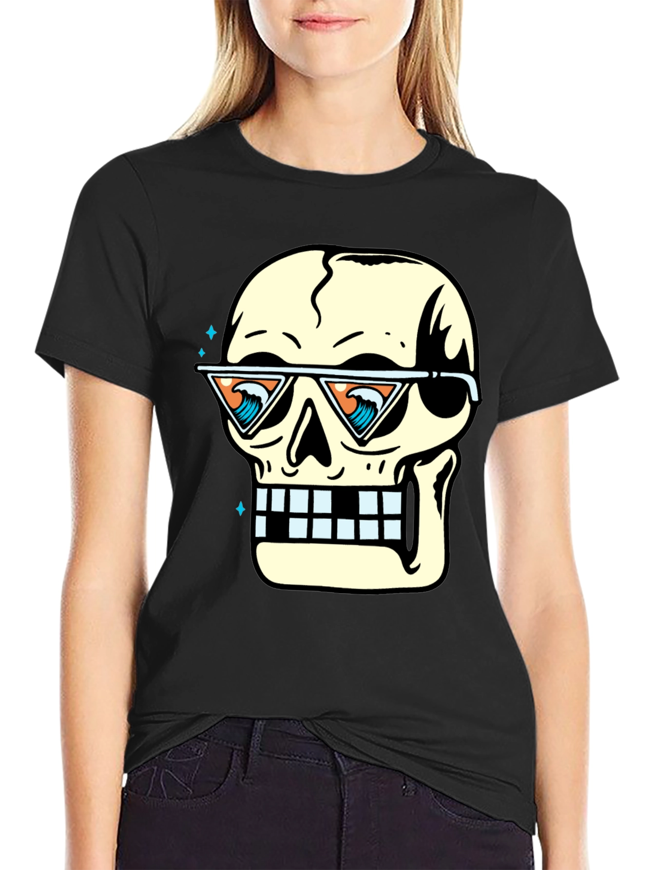 Skull with Sunglasses Graphic Tee - Black
