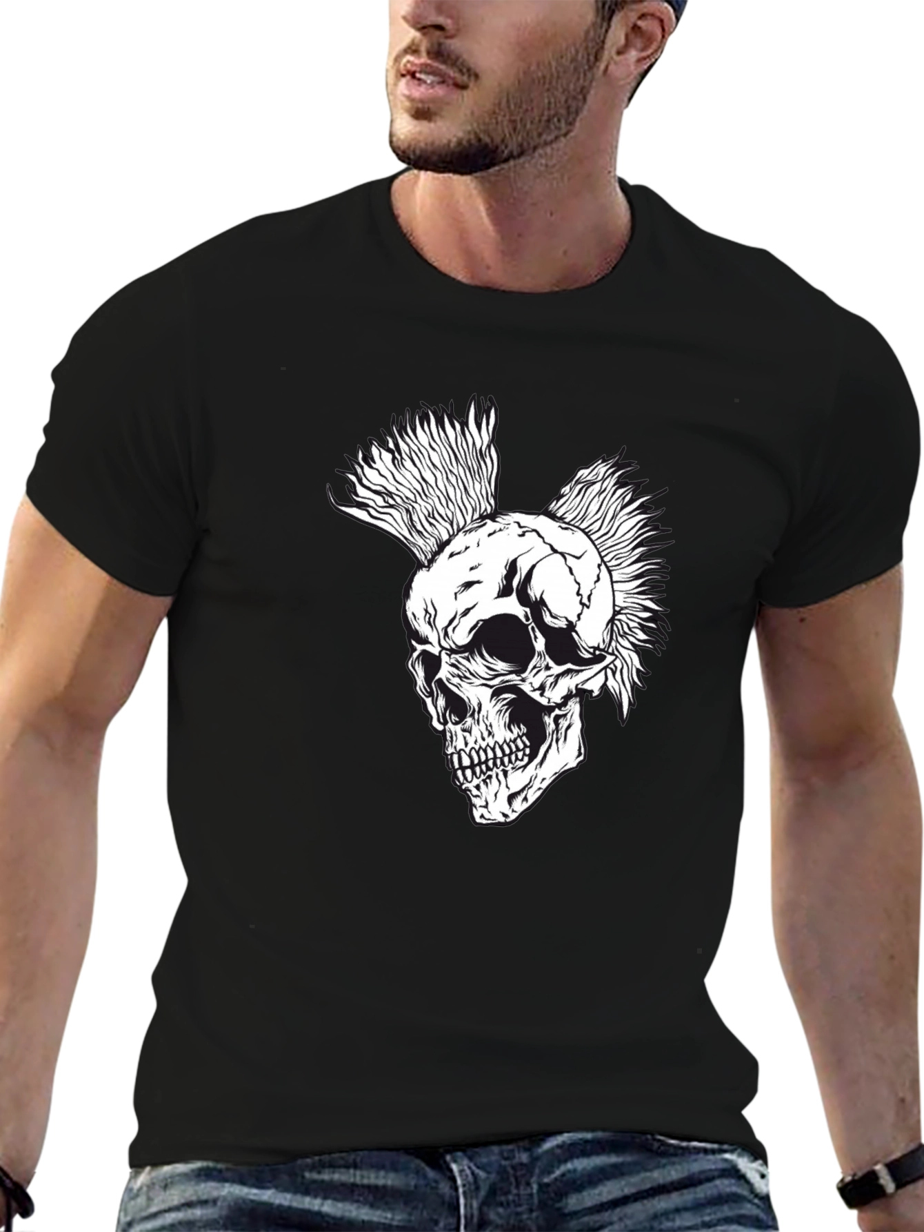 Punk Skull Graphic Tee - Black Cotton T-Shirt