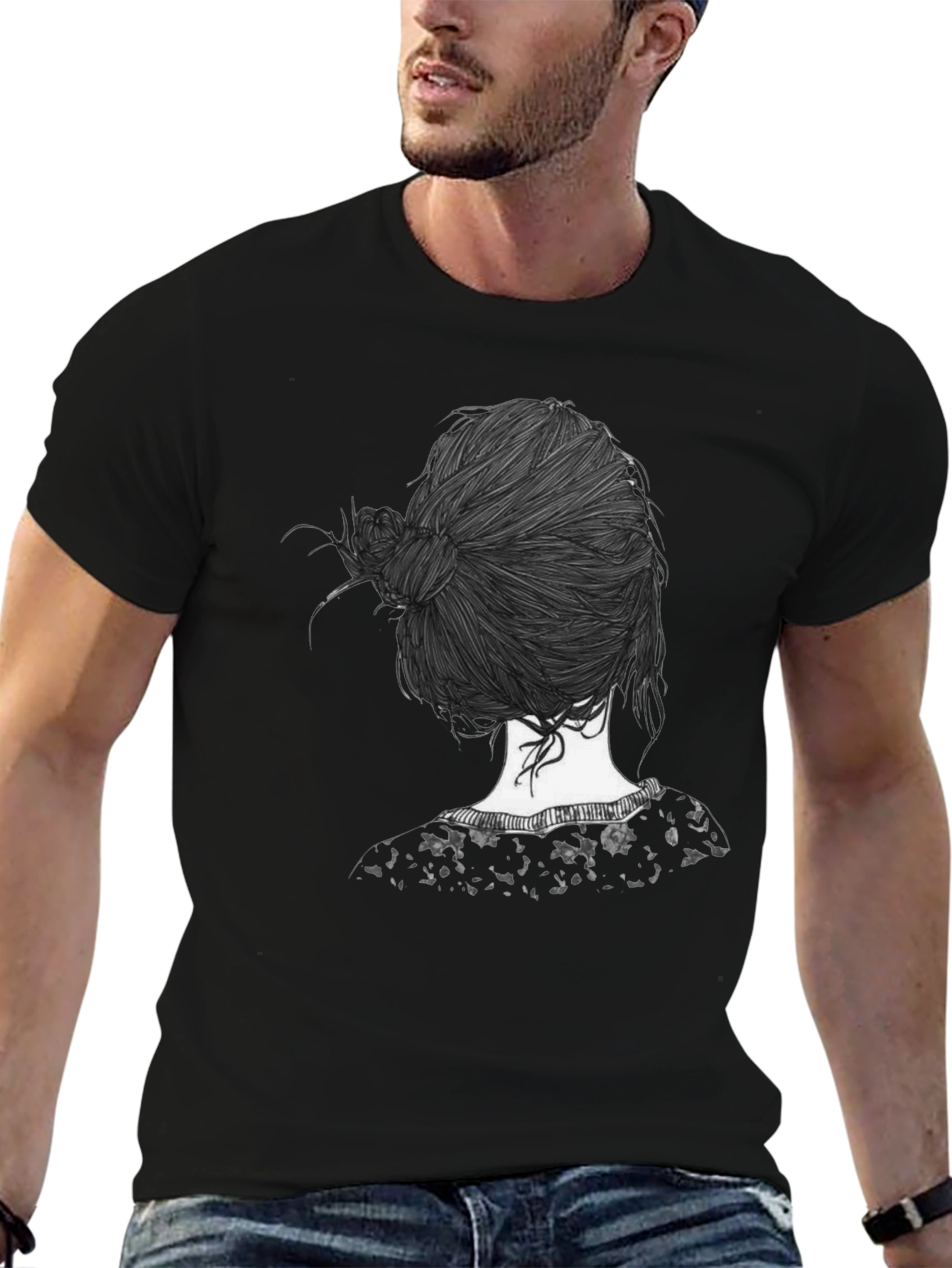 Stylish Black T-Shirt with Unique Hair Design