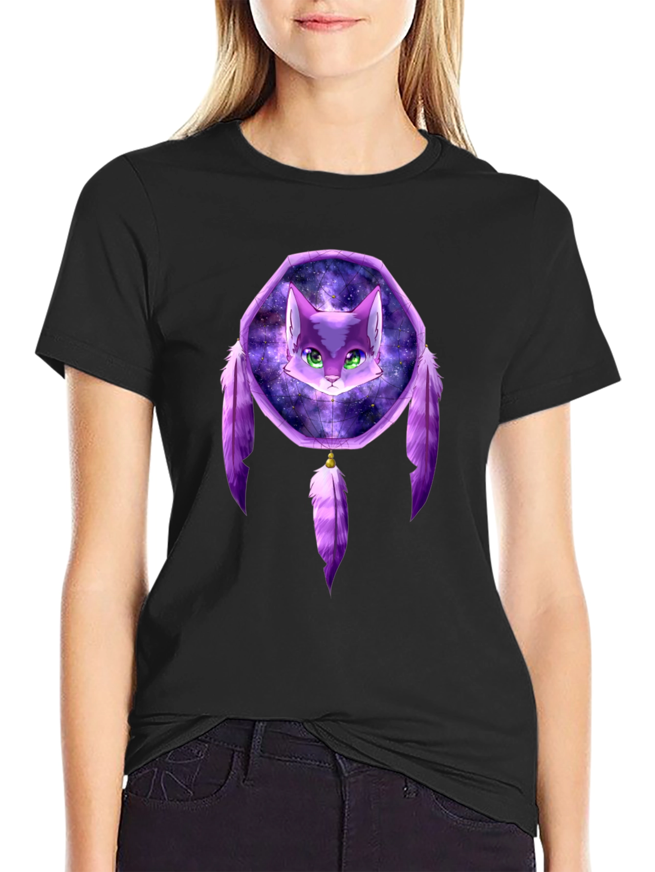 Cat Dreamcatcher Graphic Black T-Shirt
