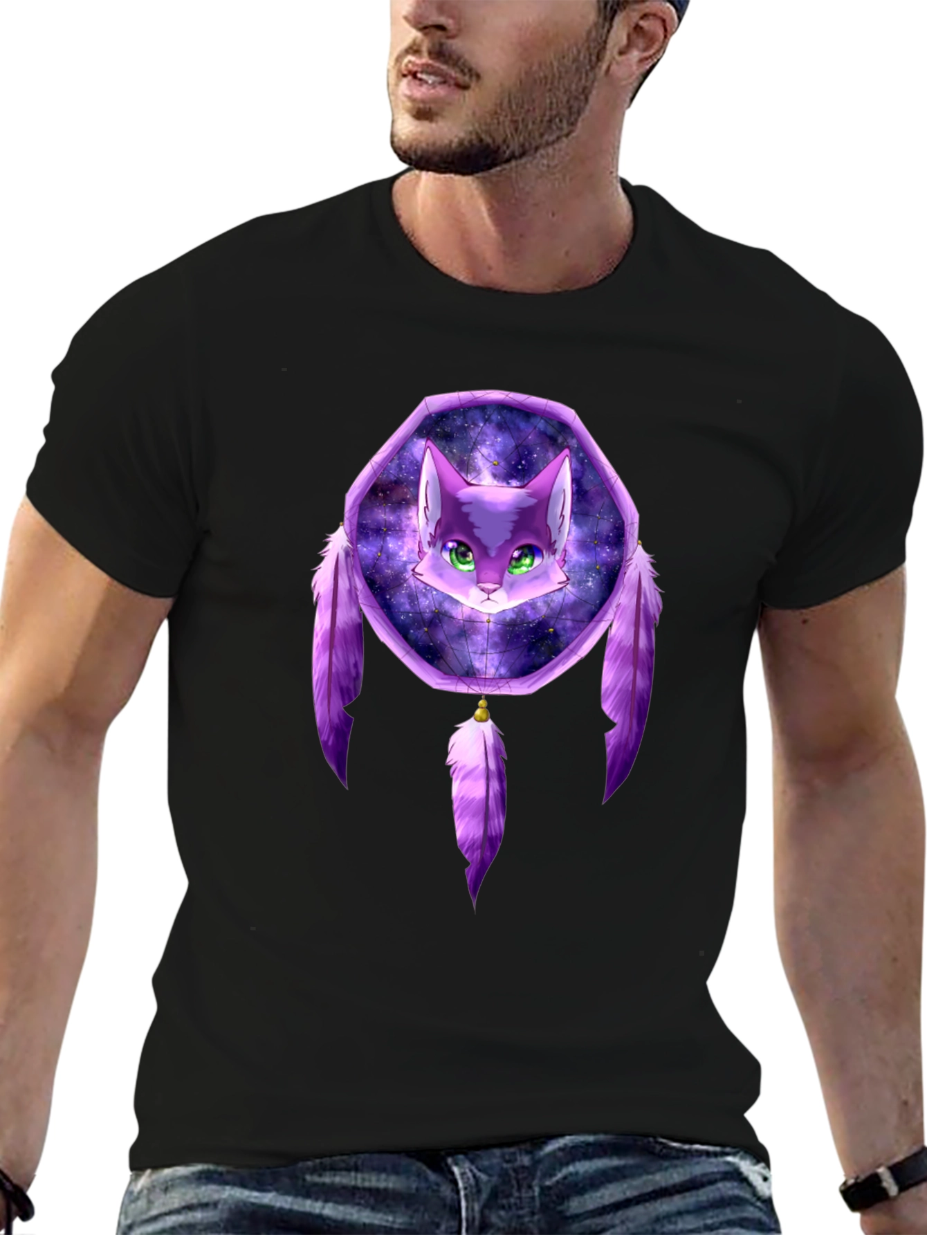 Cat Dreamcatcher Graphic Black T-Shirt