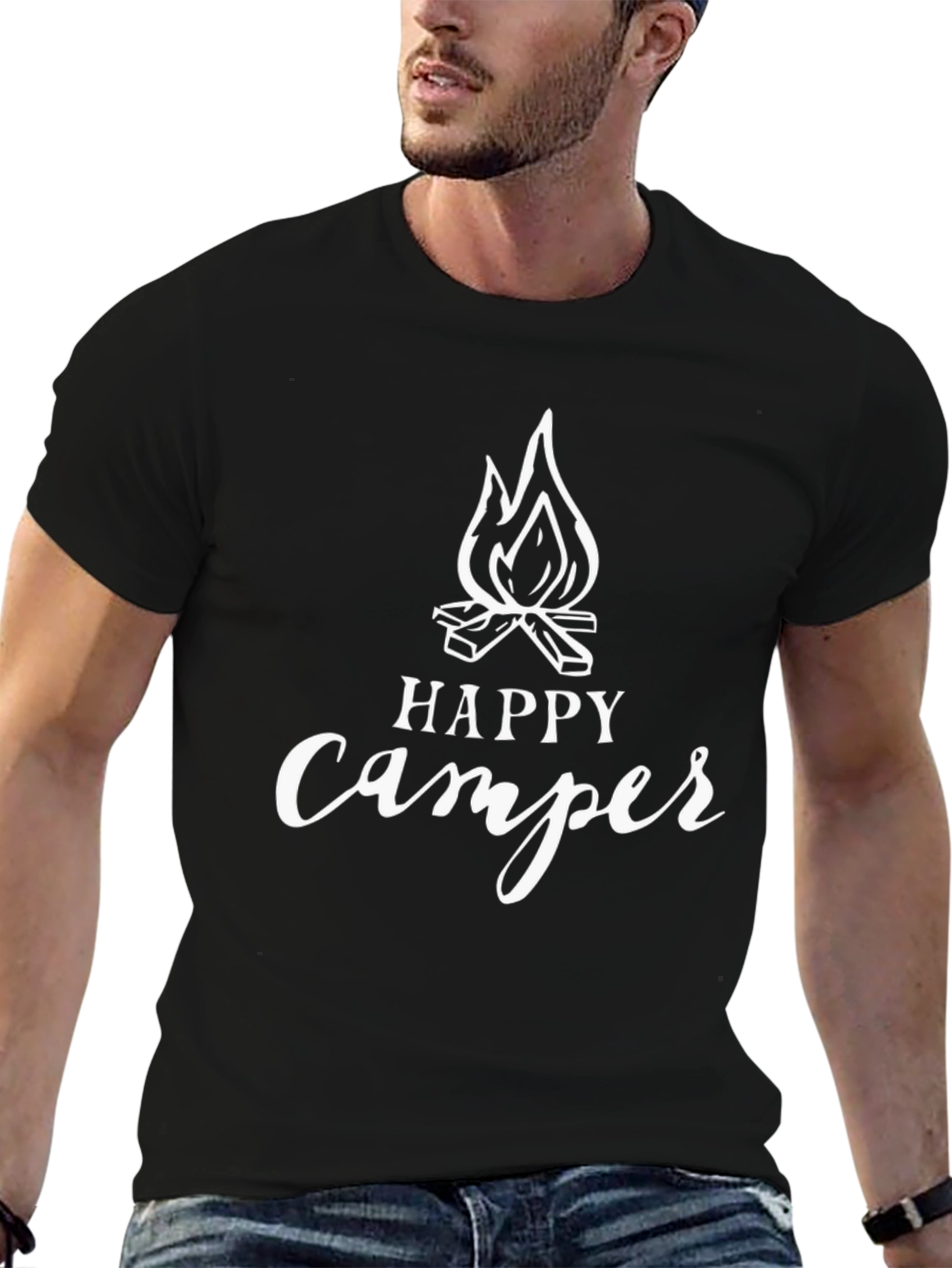 Happy Camper Graphic Tee - Black Cotton Camping Shirt