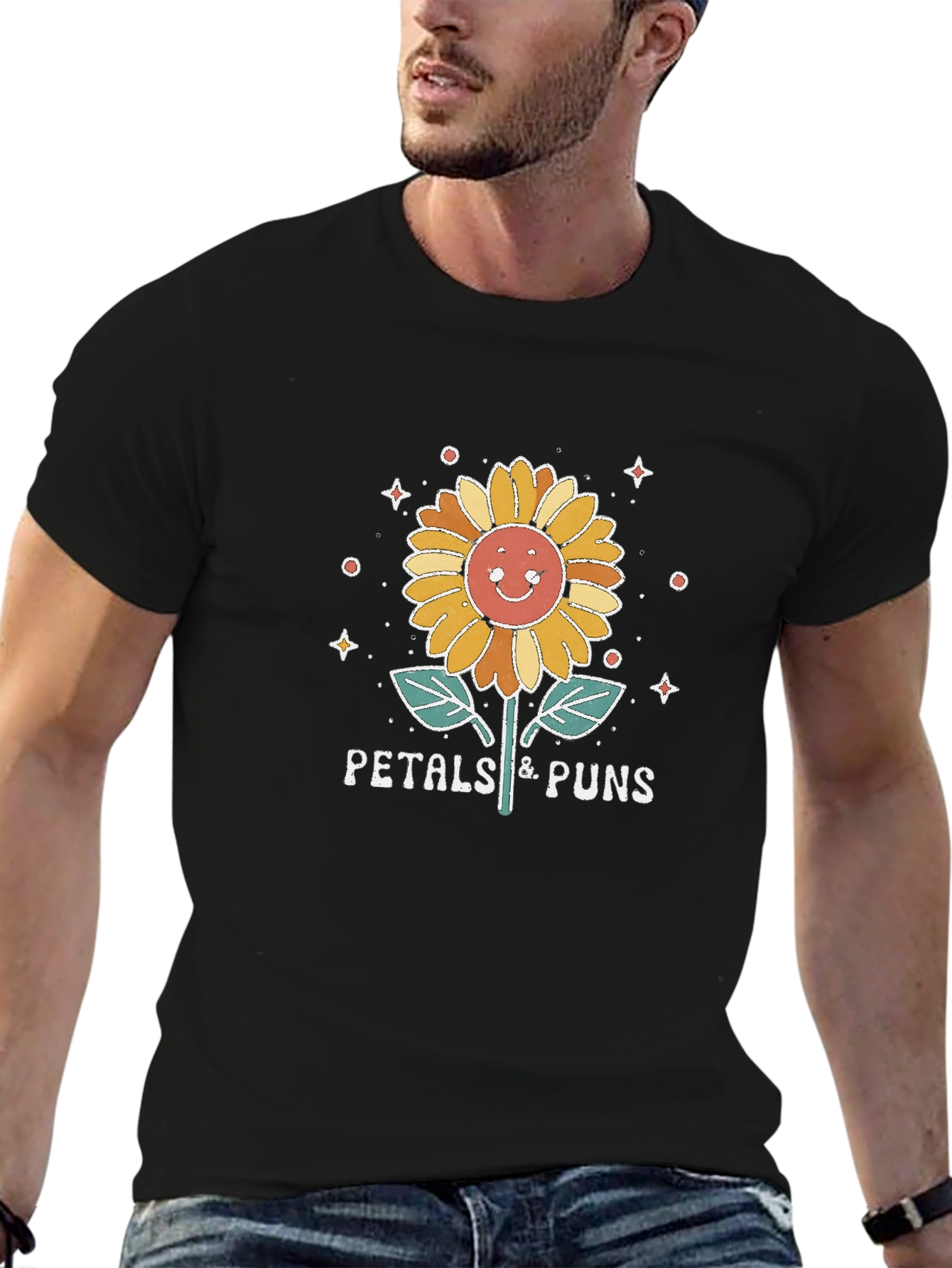 Petals & Puns Sunflower Graphic T-Shirt - Black