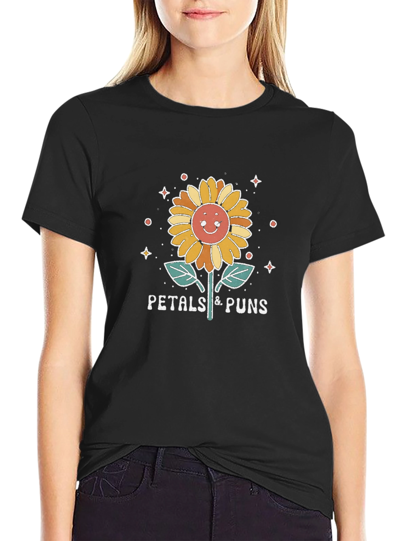 Petals & Puns Sunflower Graphic T-Shirt - Black