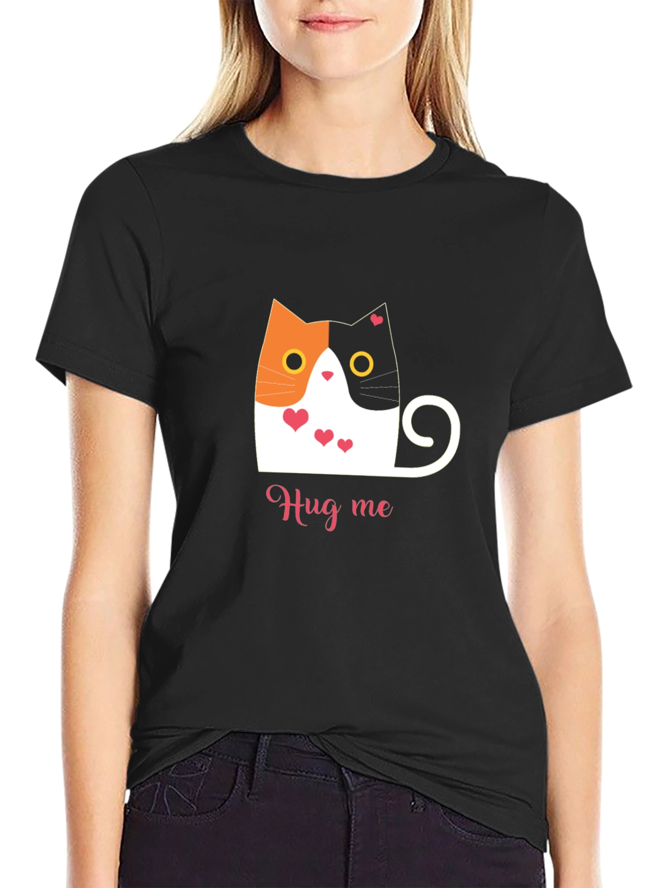 Cute Cat Hug Me T-Shirt - Soft Black Tee