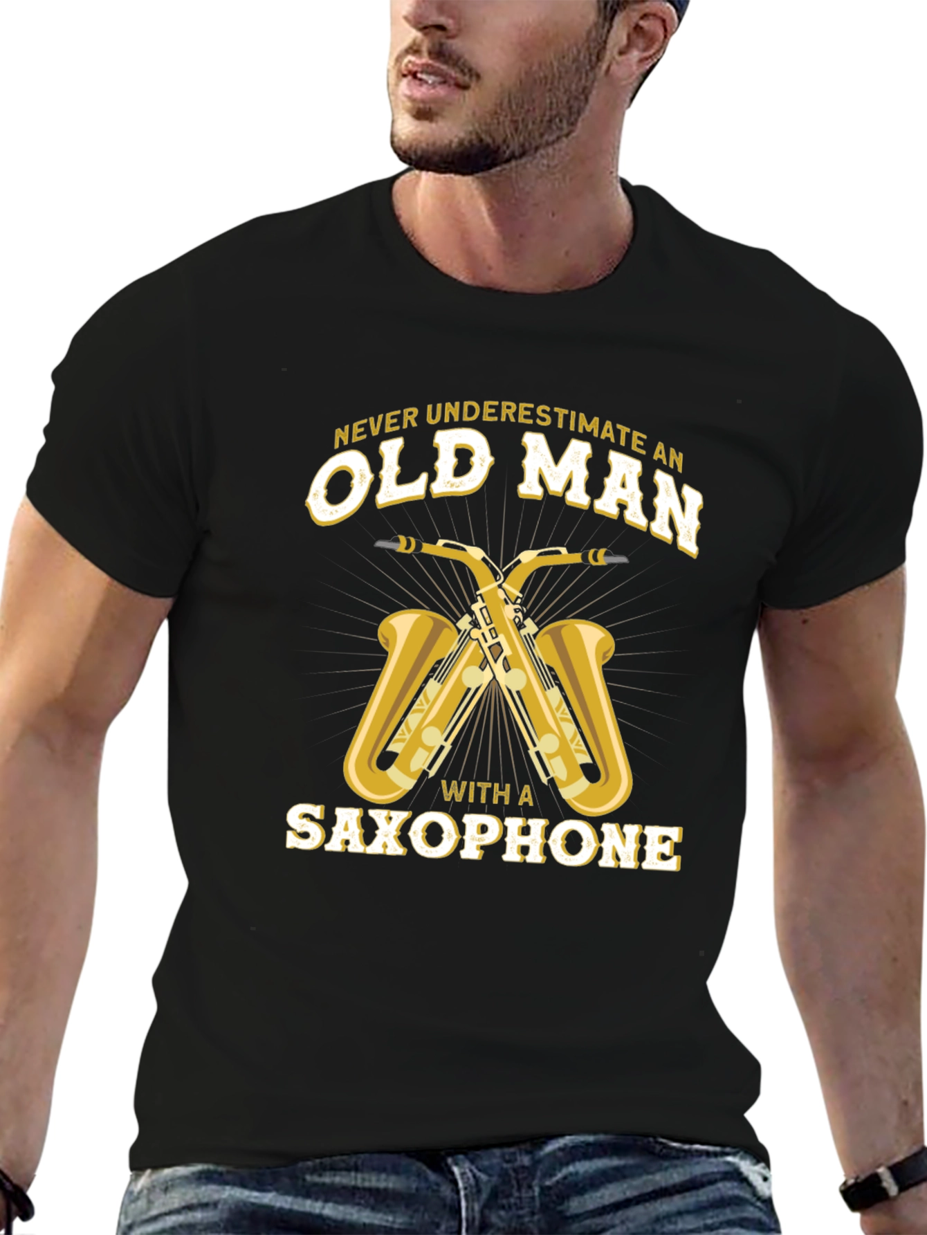 Old Man Saxophone Black Graphic Tee