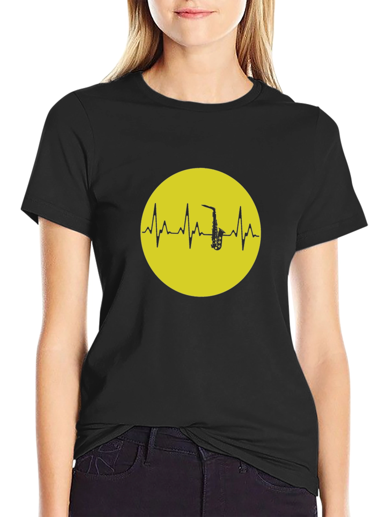 Saxophone Heartbeat Graphic Tee - Black
