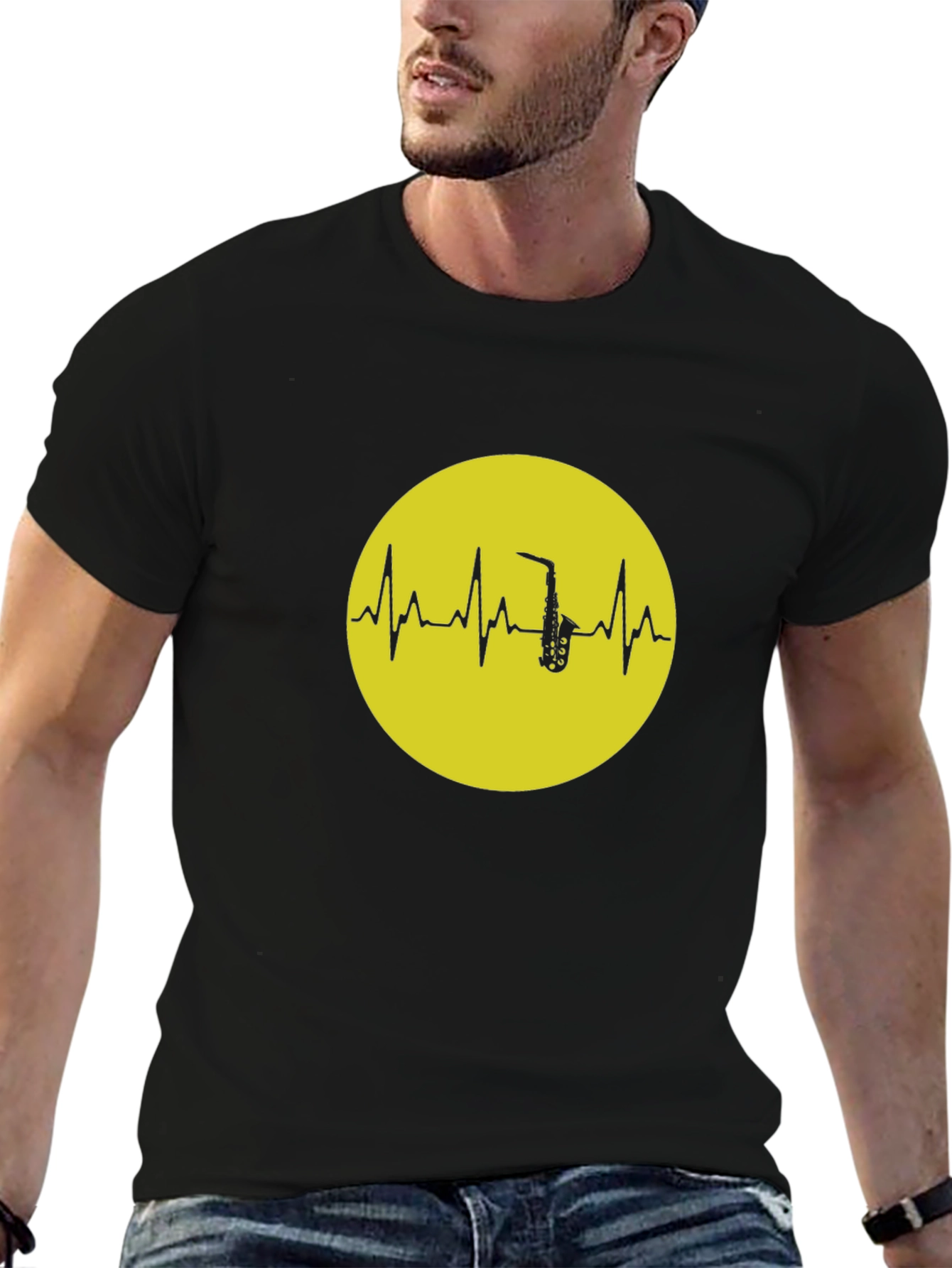 Saxophone Heartbeat Graphic Tee - Black