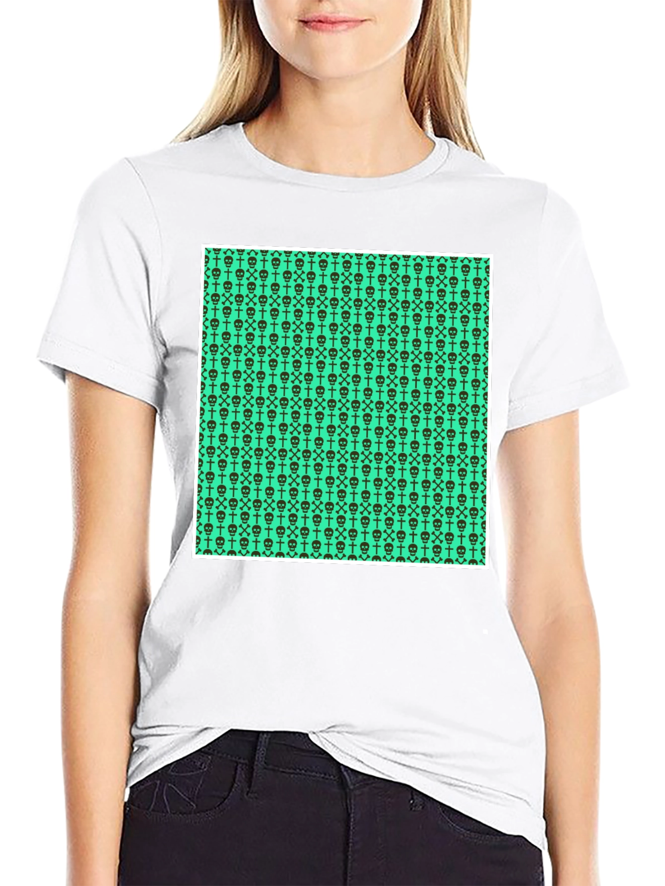 Skull & Crossbones Pattern Tee - Graphic Print T-Shirt