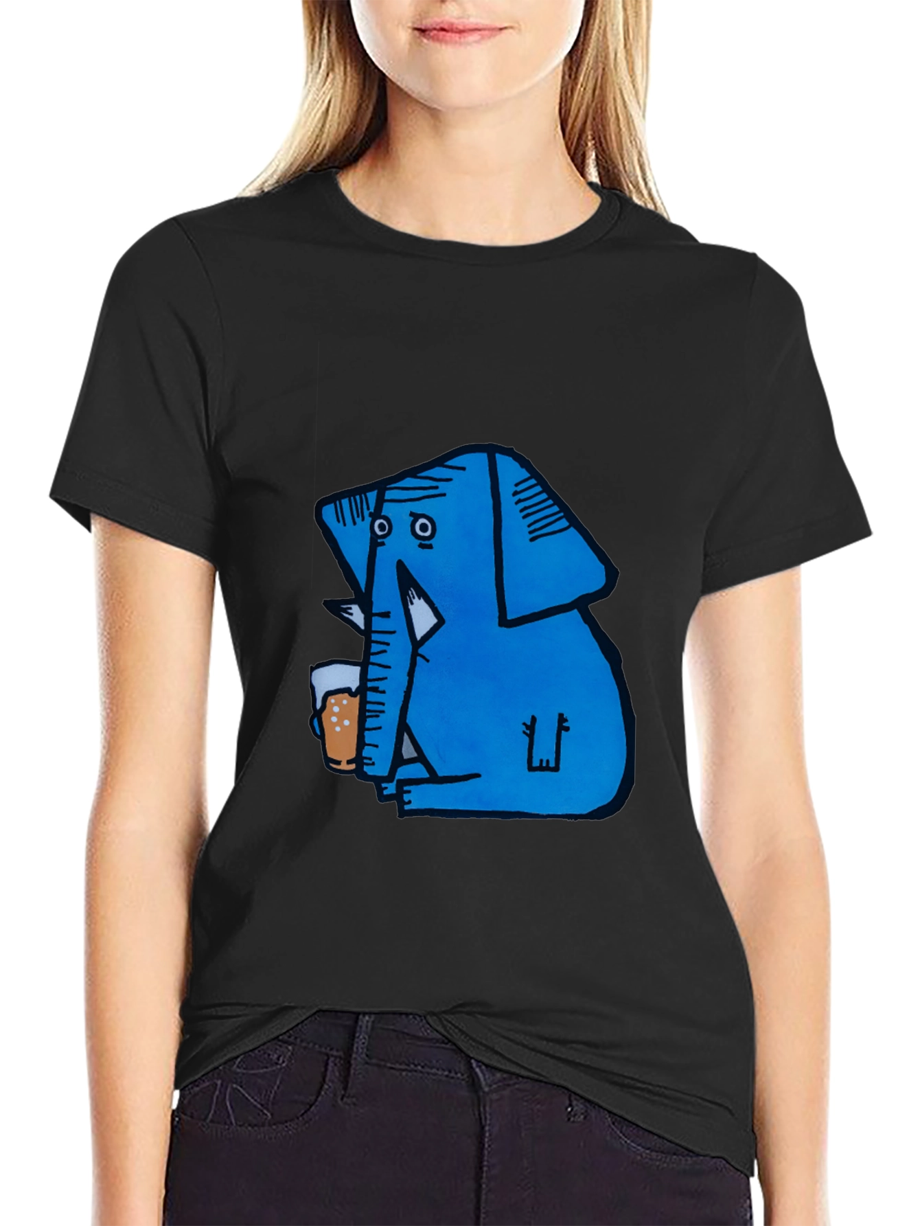Blue Elephant Drinking Beer Graphic T-Shirt
